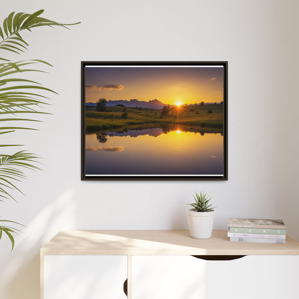 Framed Matte Canvas Sunset Landscape — Serene Lake Reflection Wall Art