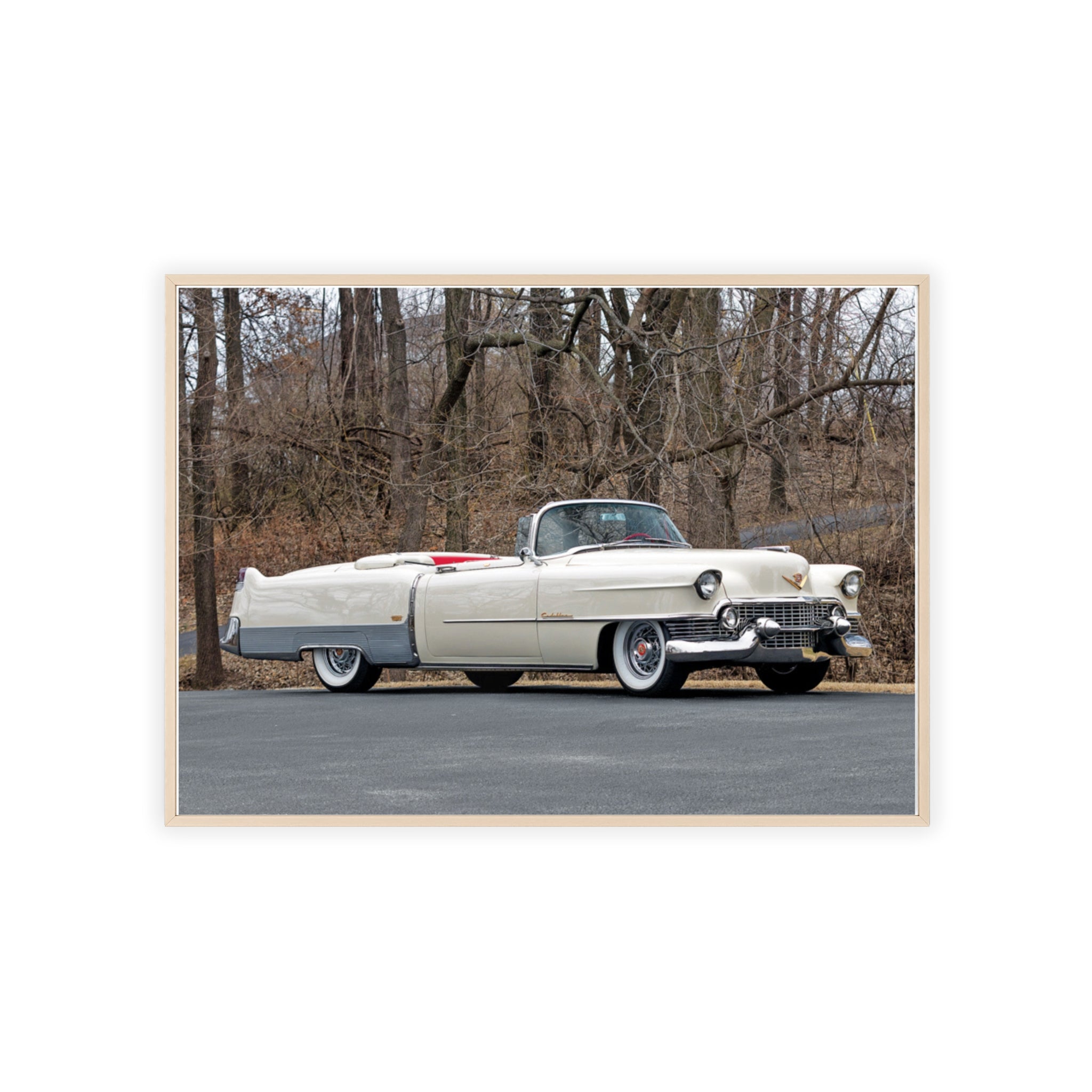 Vintage 1950s White Cadillac Poster with Wooden Frame - Classic Car Wall Art