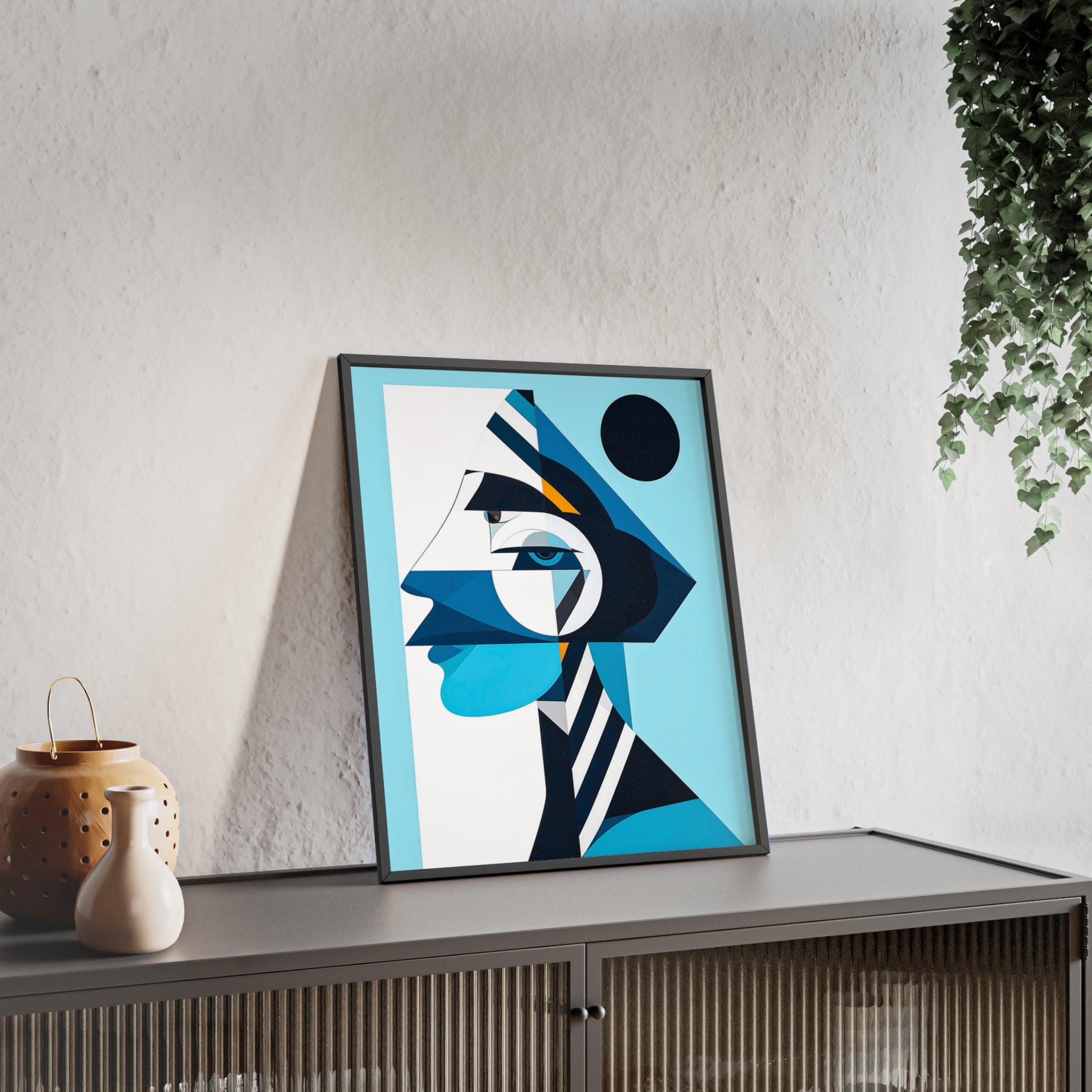Abstract Geometric Portrait Poster with Wooden Frame — Blue Modern Wall Art