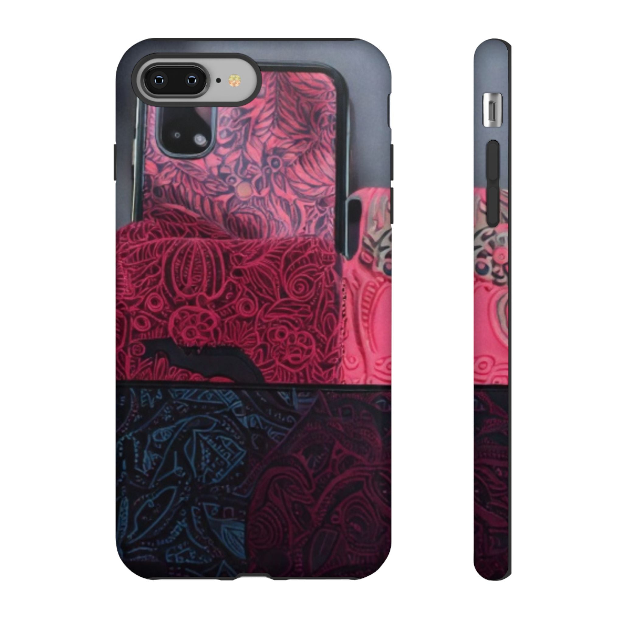 Floral Patchwork Tough Phone Case — Pink & Navy Doodle Design