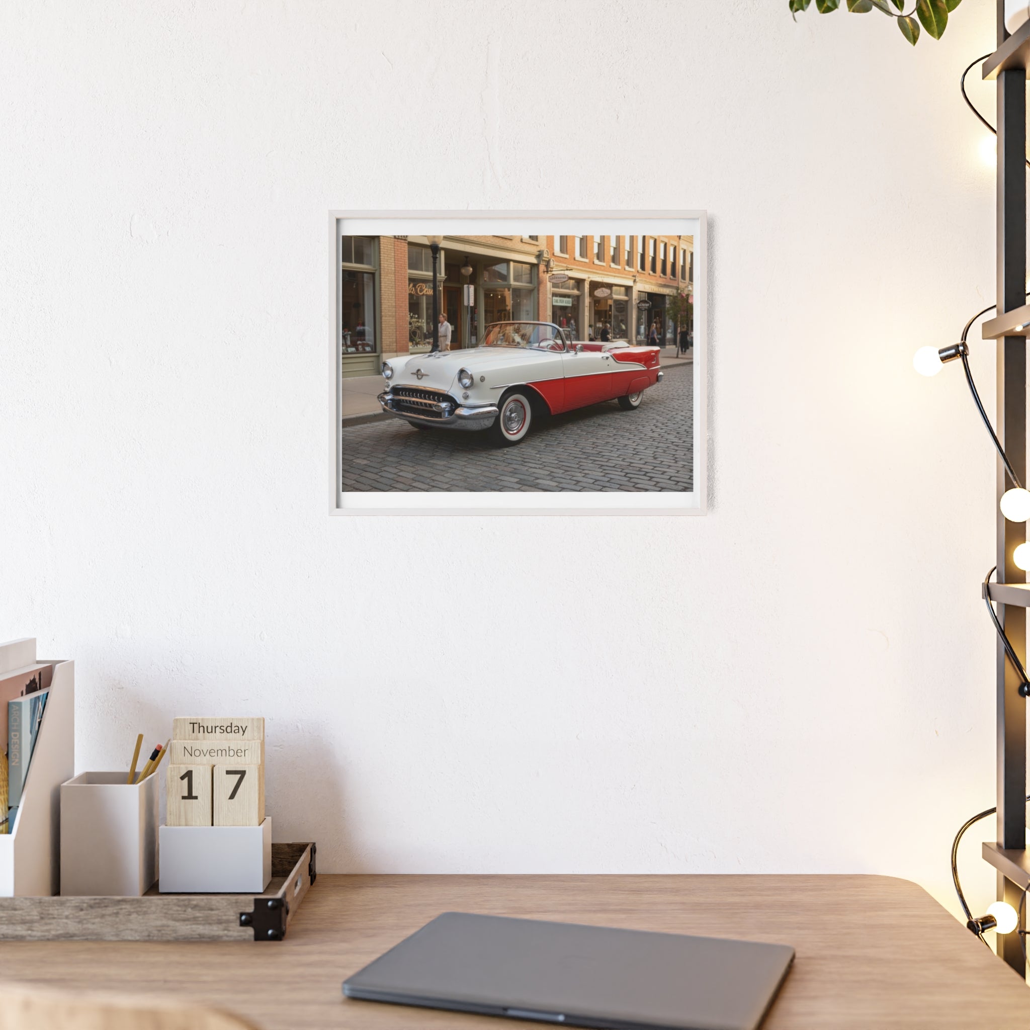 Vintage Red & White Convertible Poster with Wooden Frame — Retro Car Wall Art