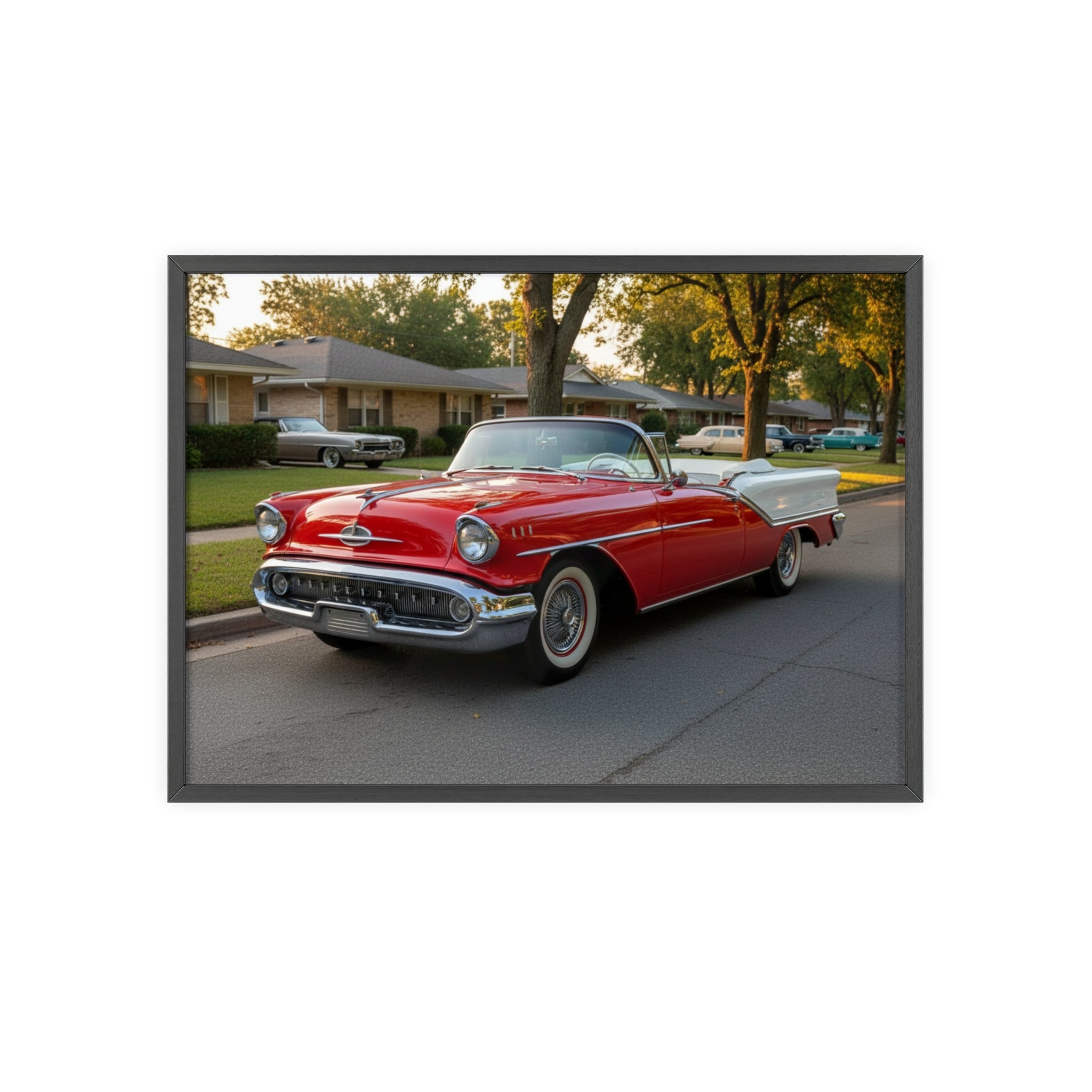 Vintage Red Convertible Poster with Wooden Frame — Classic Car Wall Art