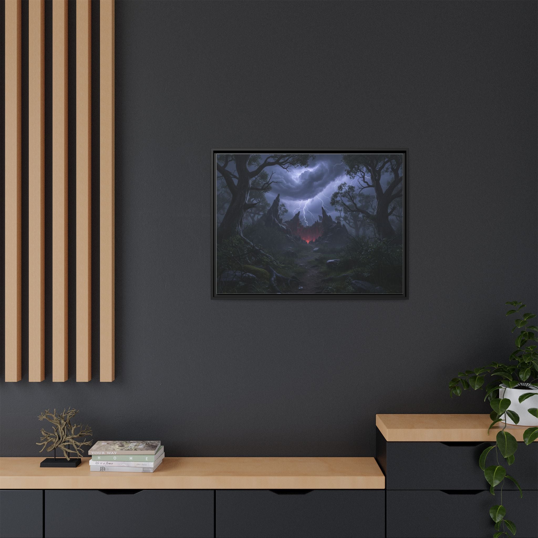 Dark Storm Forest Framed Canvas Print — Lightning, Haunted Castle Art
