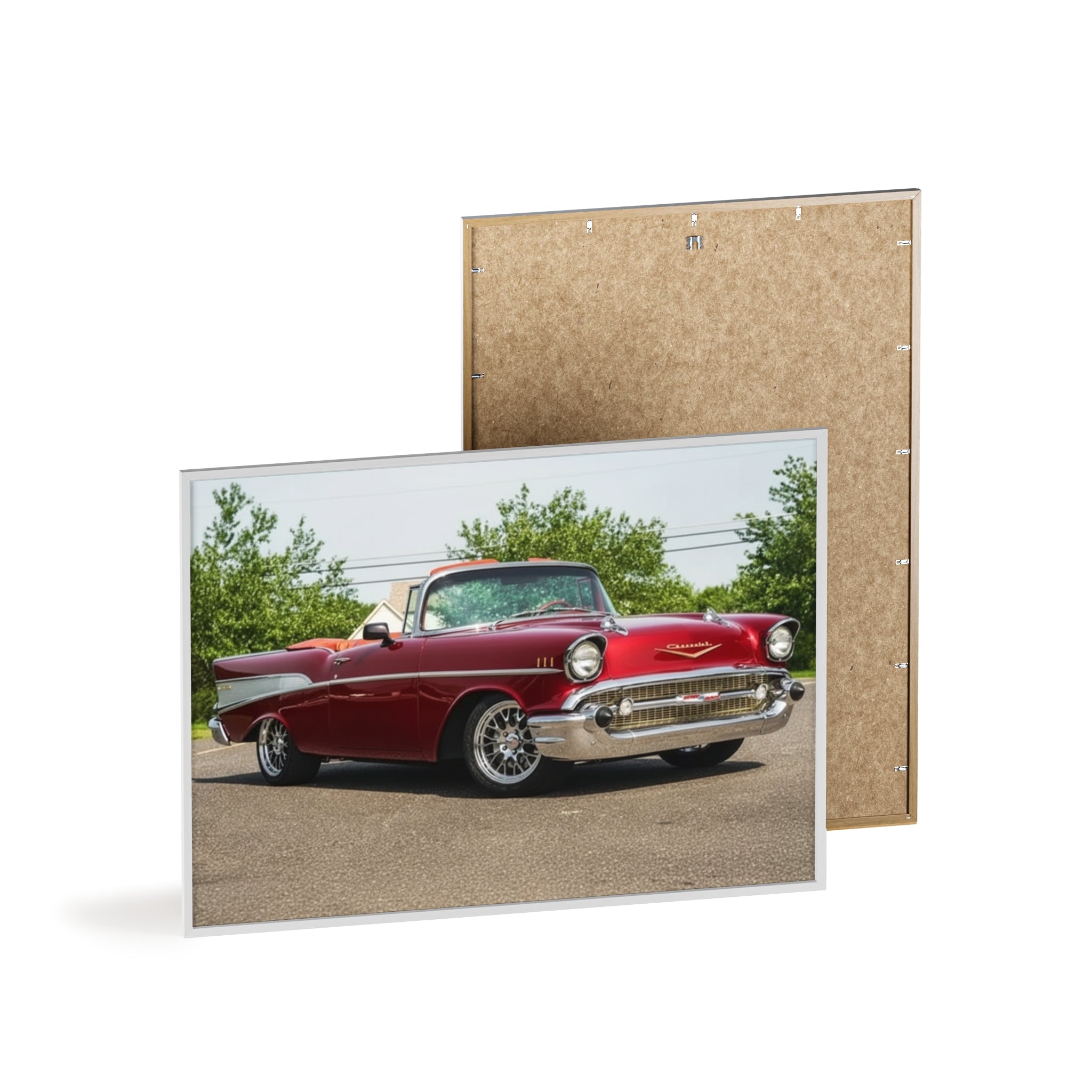Vintage Red Classic Car Poster with Wooden Frame — Retro Automotive Wall Art