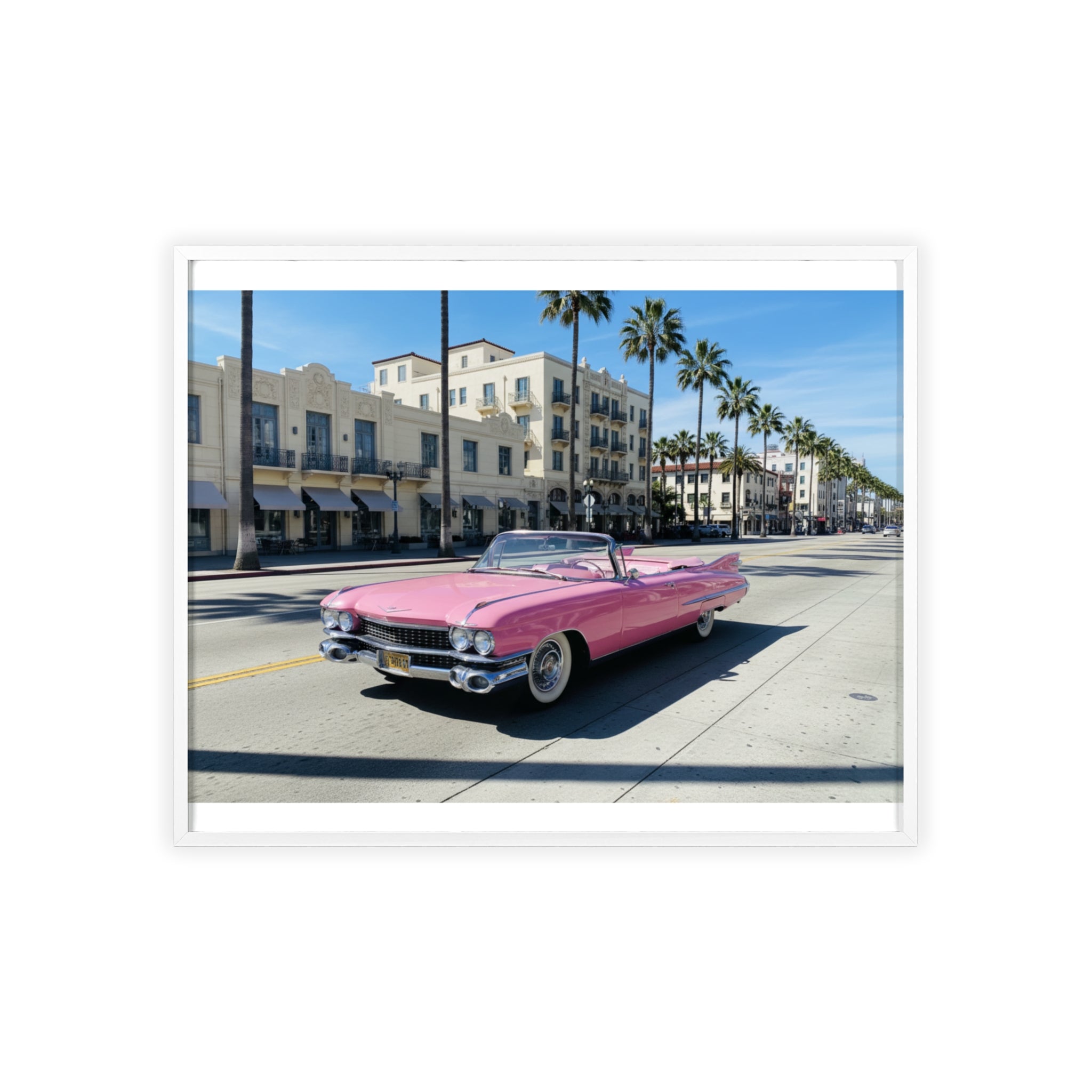 Retro Pink Cadillac Poster with Wooden Frame — Vintage Palm-Drive Wall Art