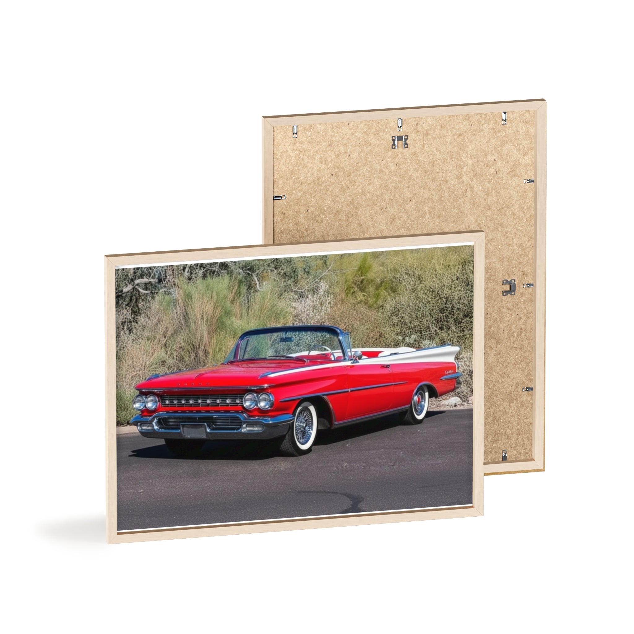 Vintage Red Convertible Car Poster with Wooden Frame — Classic Auto Wall Art