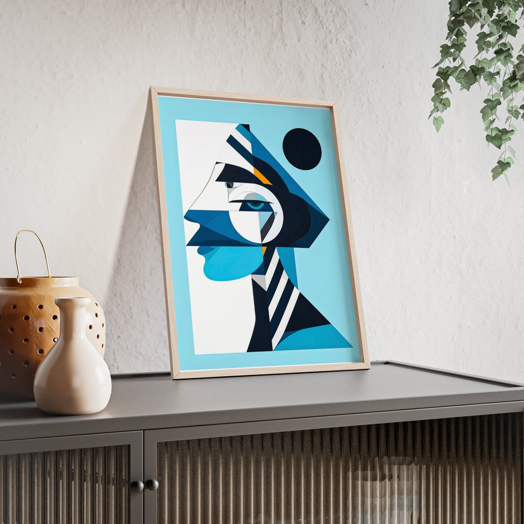 Abstract Geometric Portrait Poster with Wooden Frame — Blue Modern Wall Art