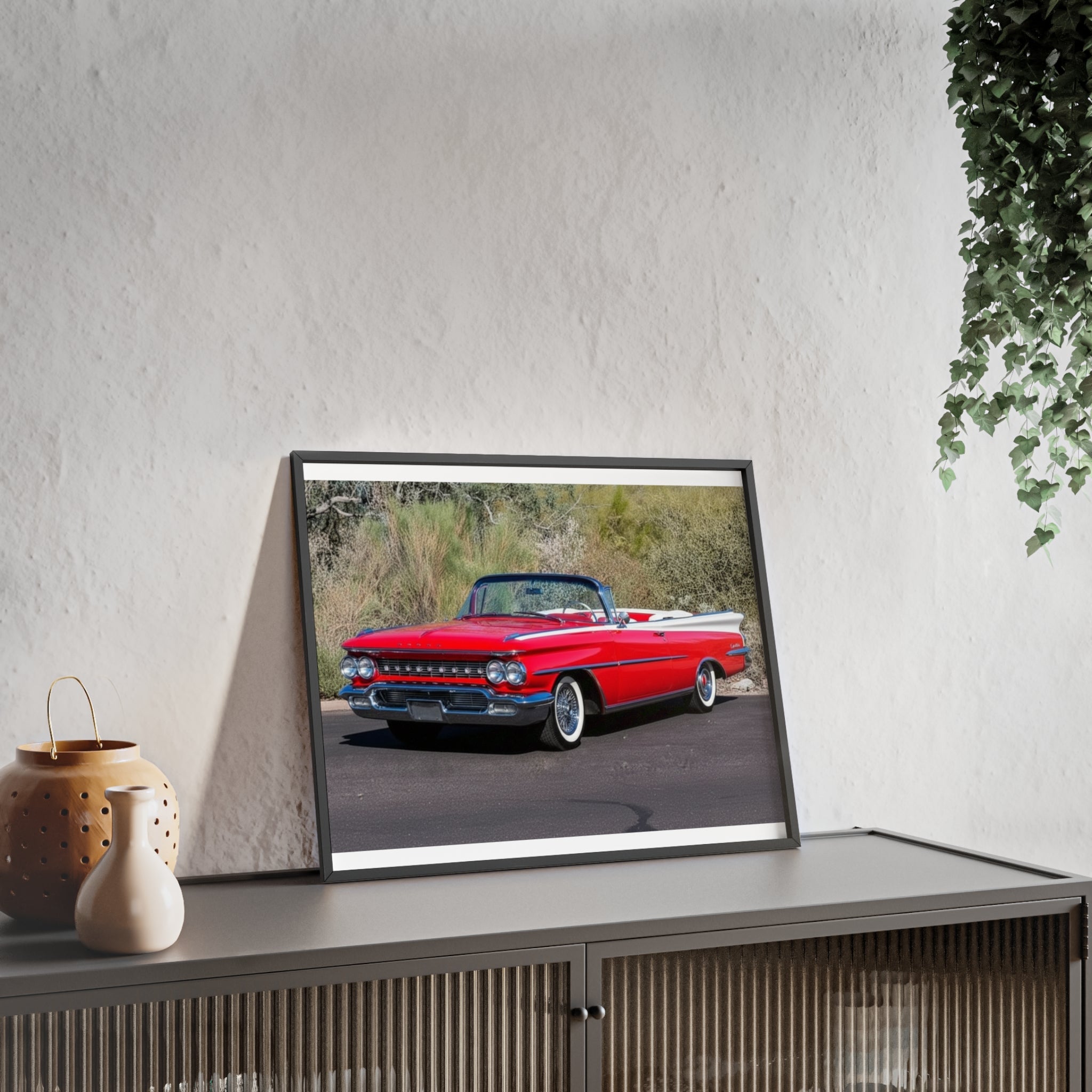 Vintage Red Convertible Car Poster with Wooden Frame — Classic Auto Wall Art