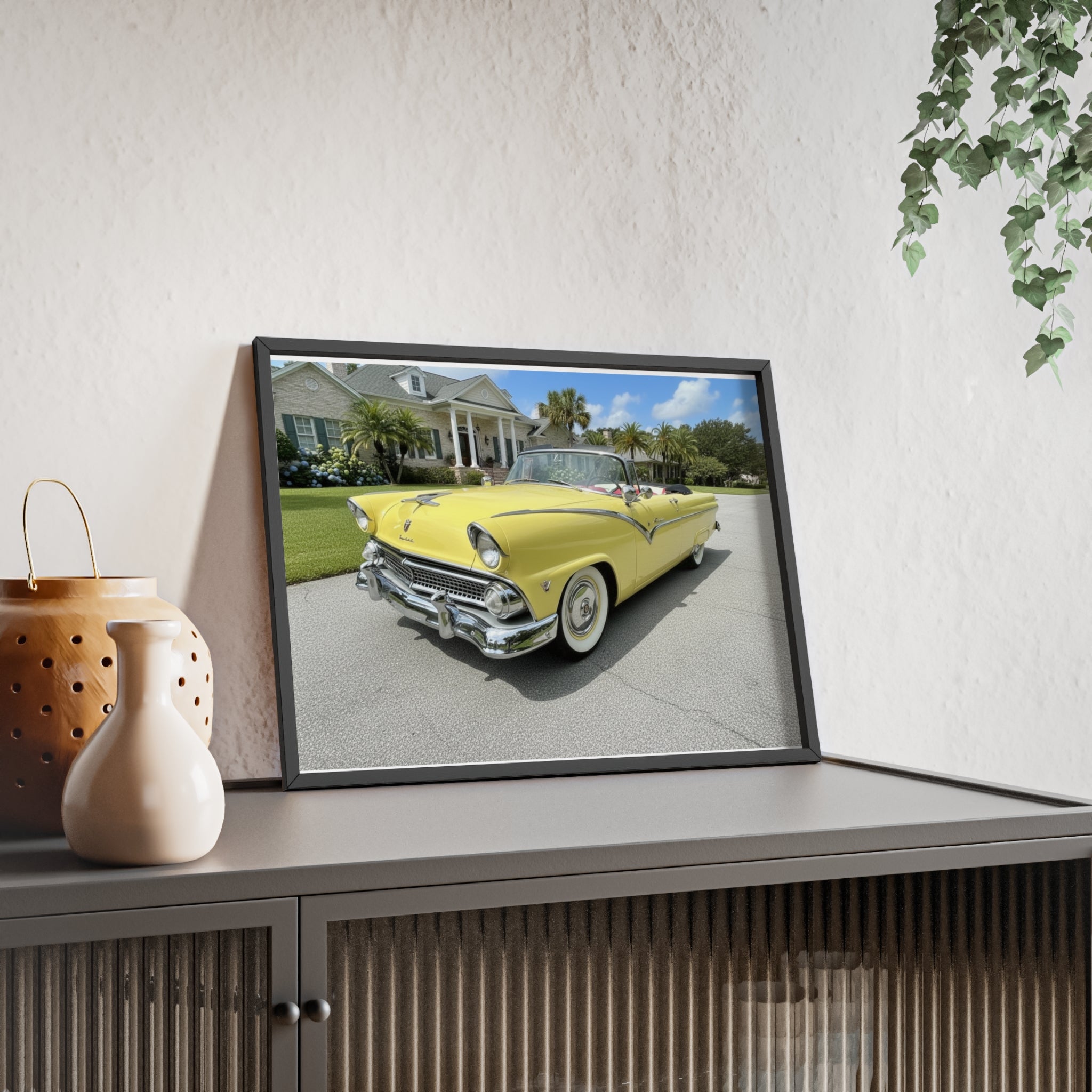 Vintage Yellow Classic Car Poster — Framed Wooden Wall Art