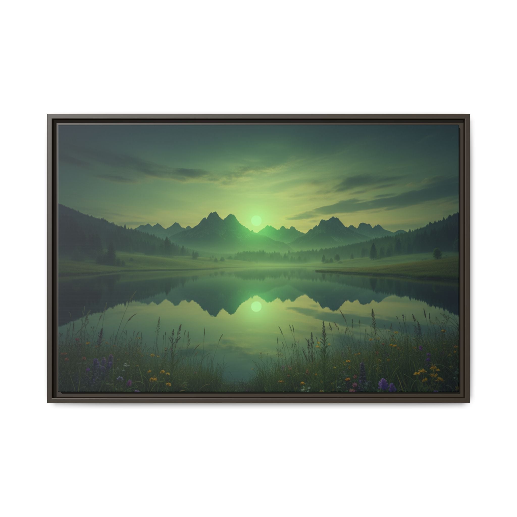 Framed Matte Canvas Print — Serene Green Mountain Lake Landscape