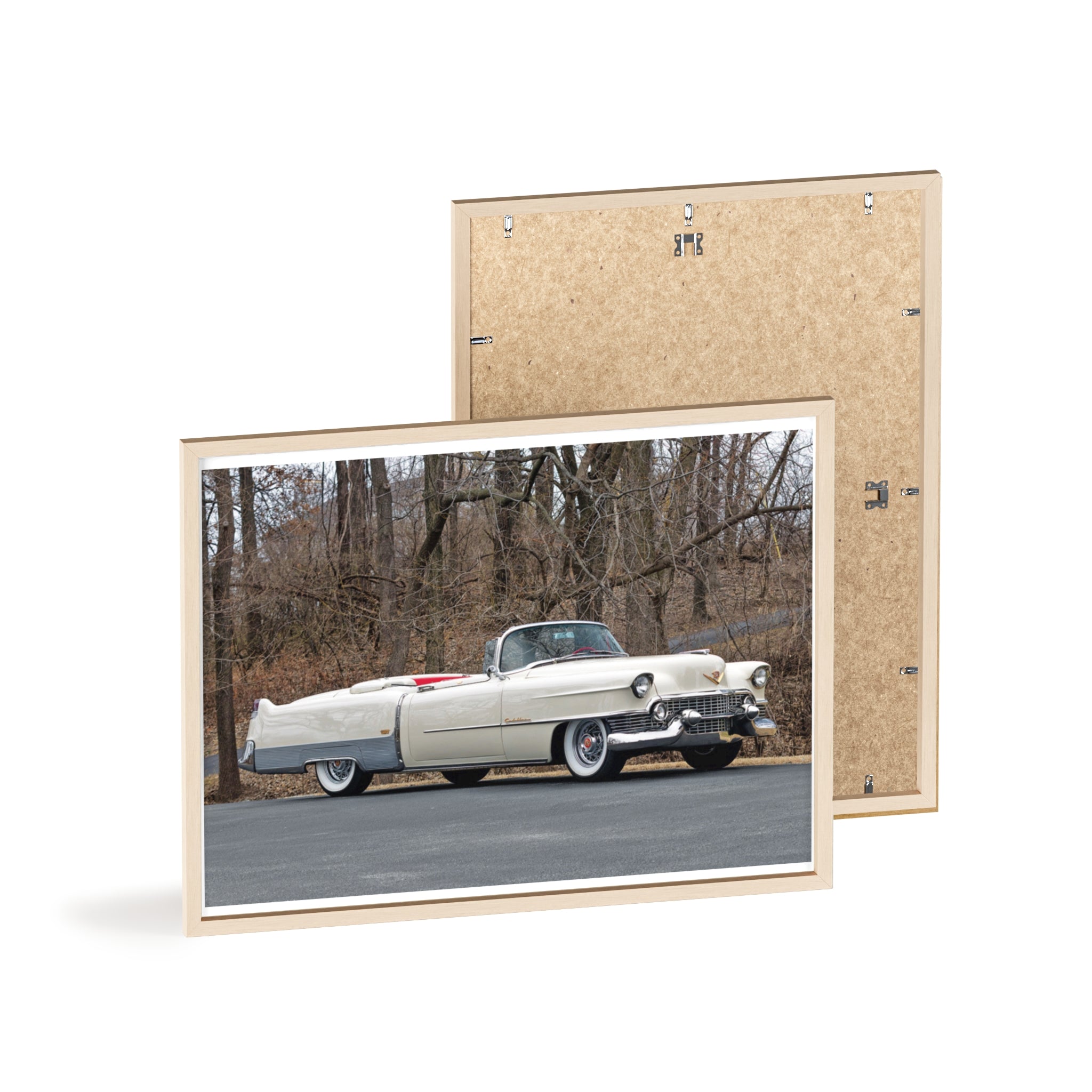 Vintage 1950s White Cadillac Poster with Wooden Frame - Classic Car Wall Art