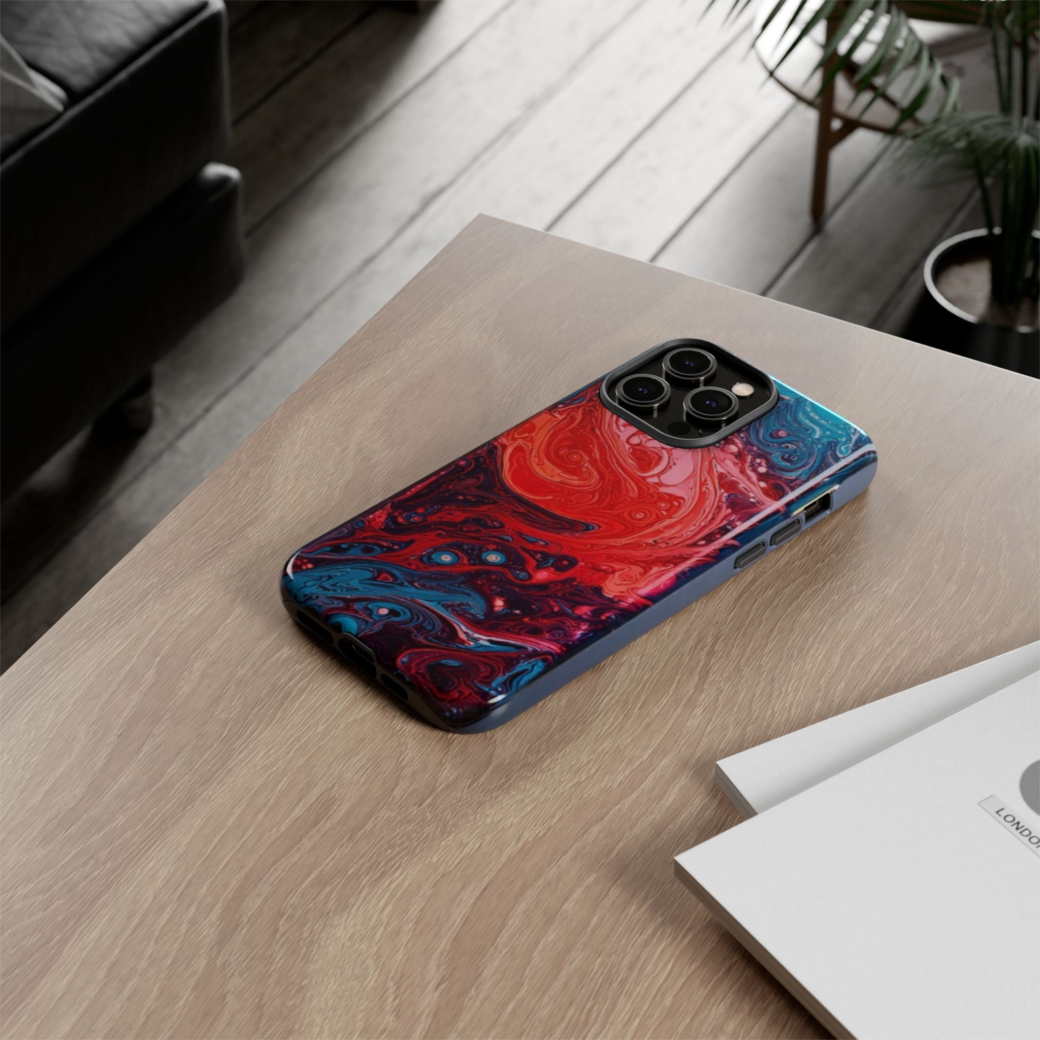 Abstract Red & Blue Swirl Tough Phone Case — Protective iPhone Cover with Fluid Art Design