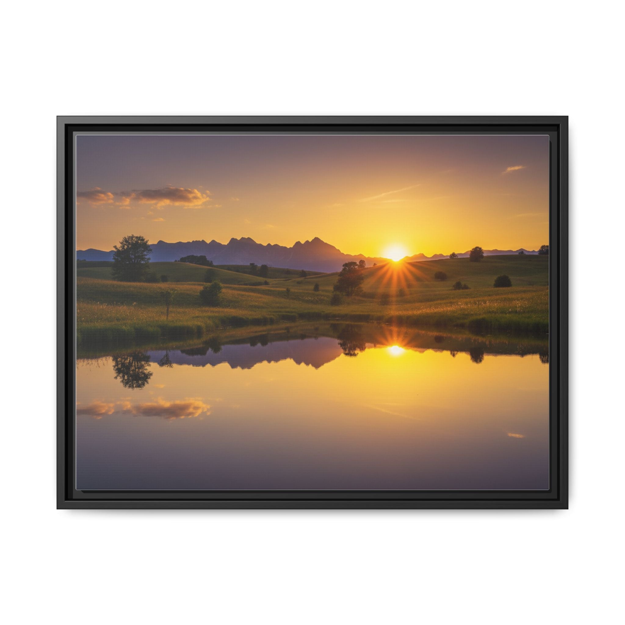 Framed Matte Canvas Sunset Landscape — Serene Lake Reflection Wall Art