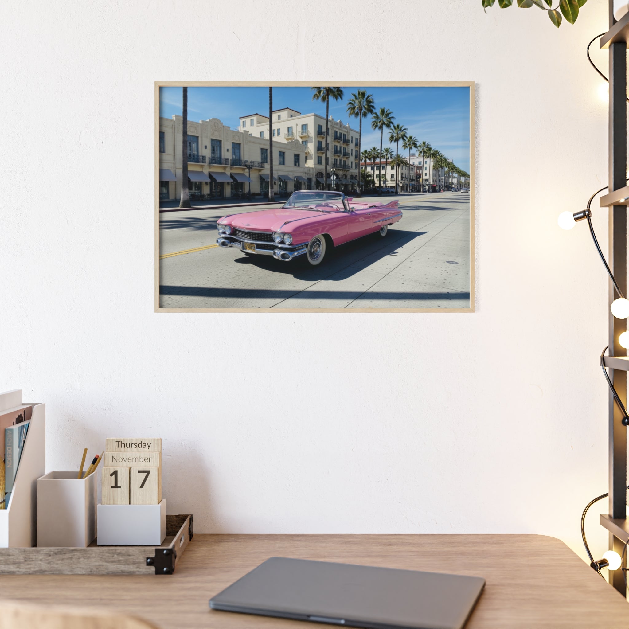 Retro Pink Cadillac Poster with Wooden Frame — Vintage Palm-Drive Wall Art