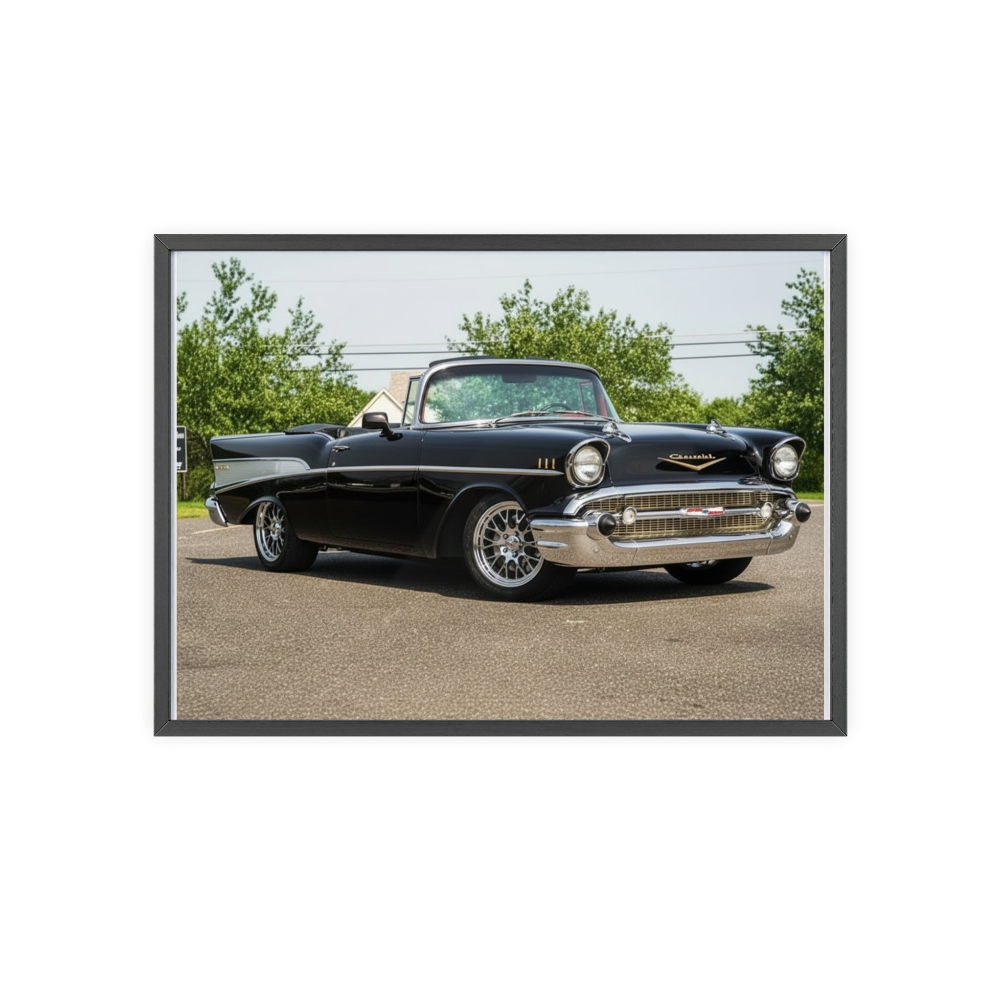 Classic Black 1957 Chevy Poster with Wooden Frame — Vintage Car Wall Art
