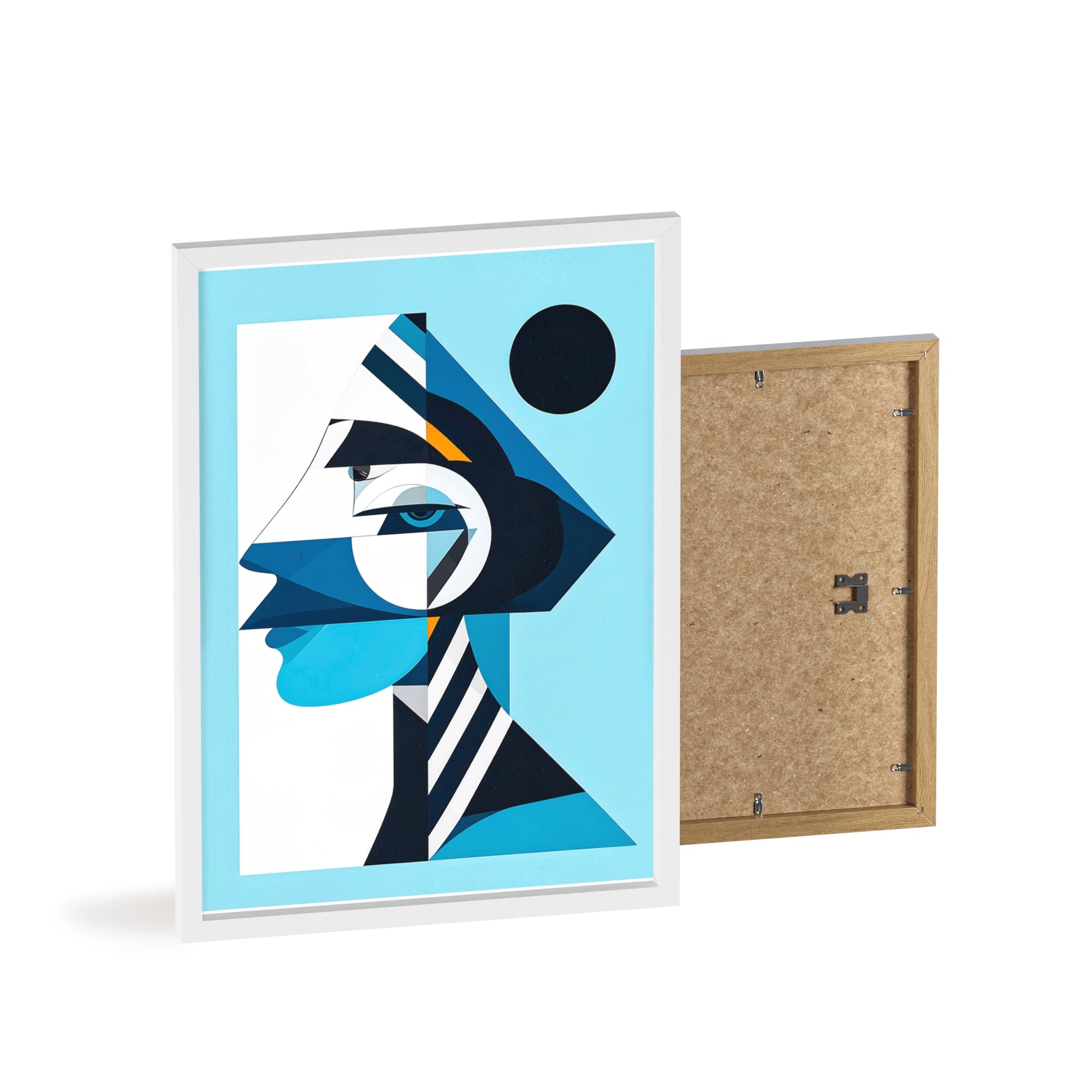 Abstract Geometric Portrait Poster with Wooden Frame — Blue Modern Wall Art