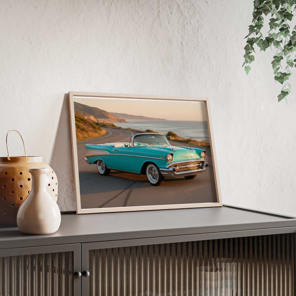Vintage Teal Classic Car Poster with Wooden Frame — Coastal Road Print