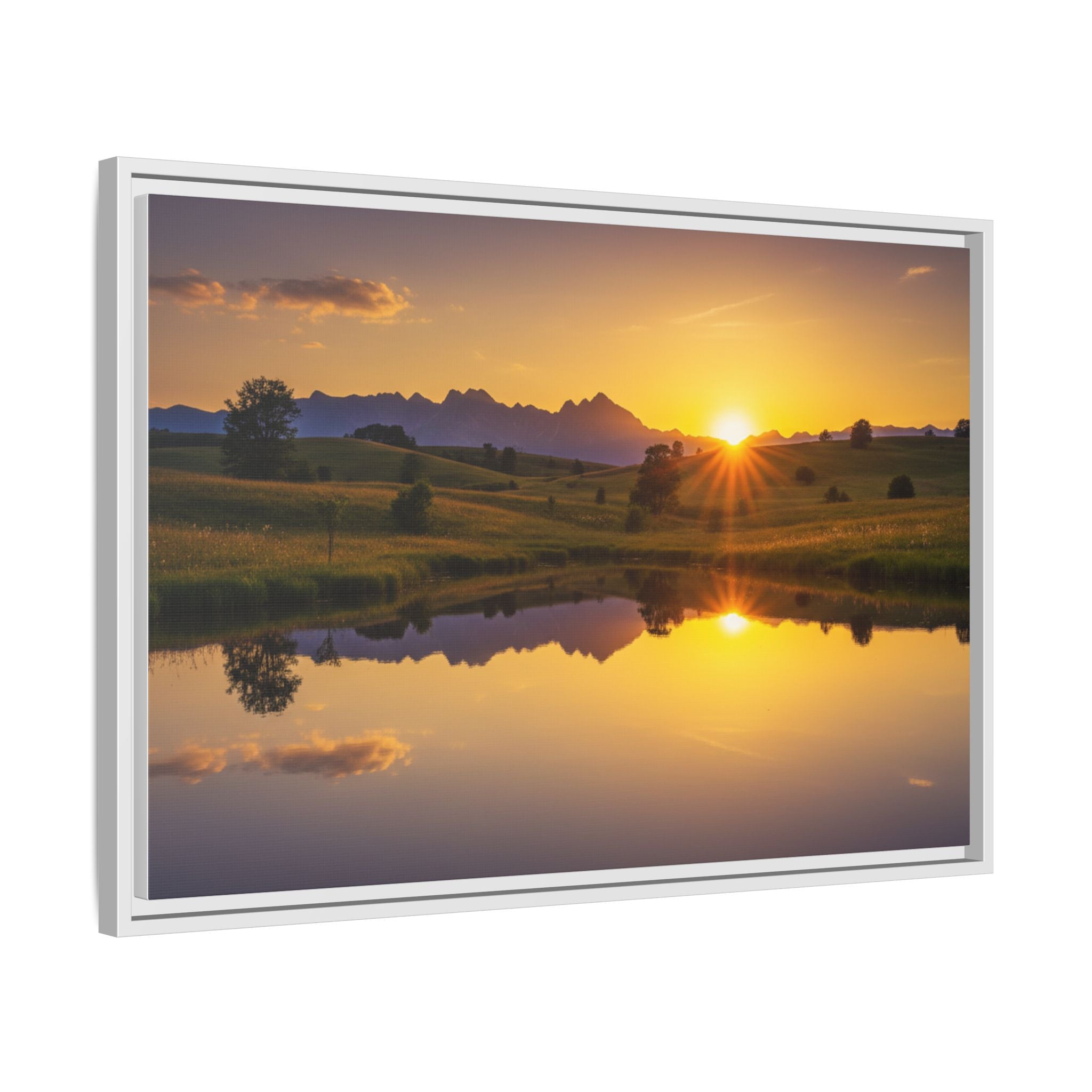 Framed Matte Canvas Sunset Landscape — Serene Lake Reflection Wall Art