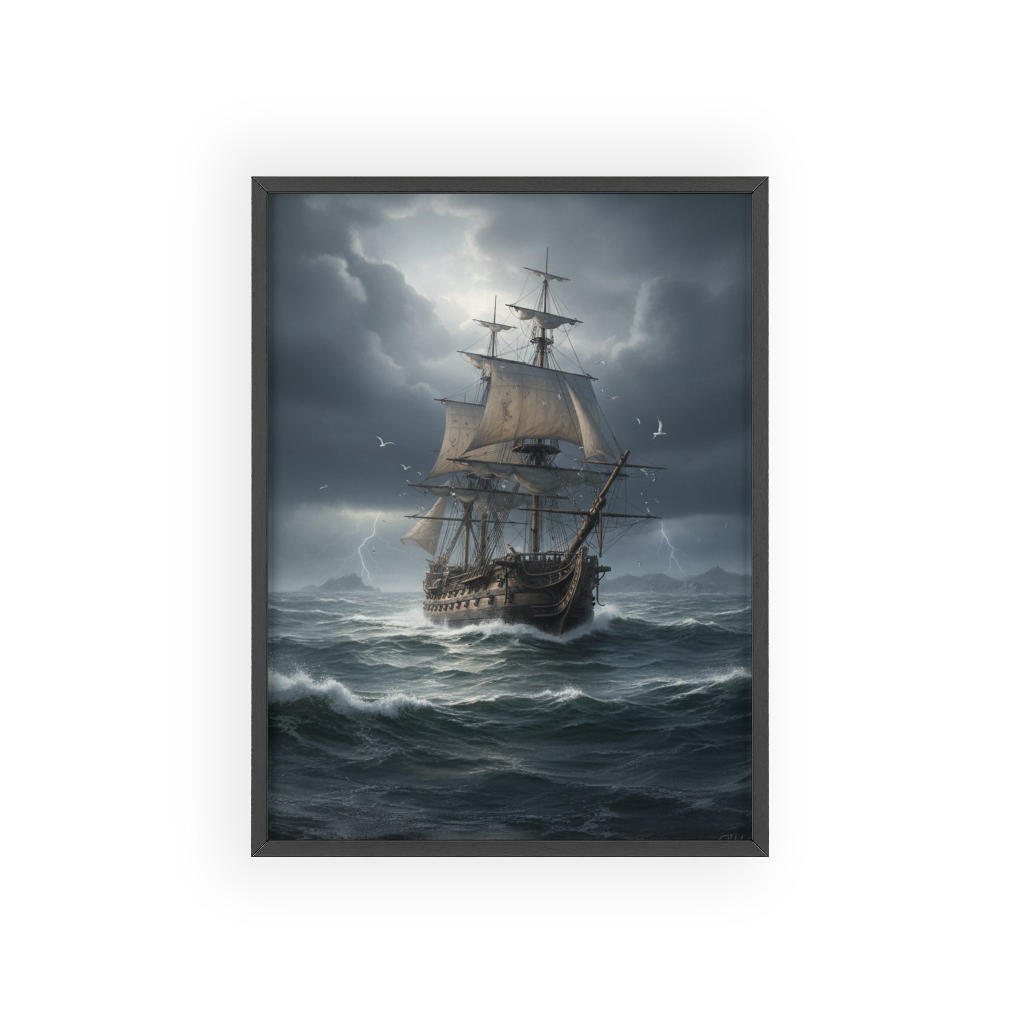 Framed Stormy Sea Ship Poster — Nautical Wall Art with Wooden Frame