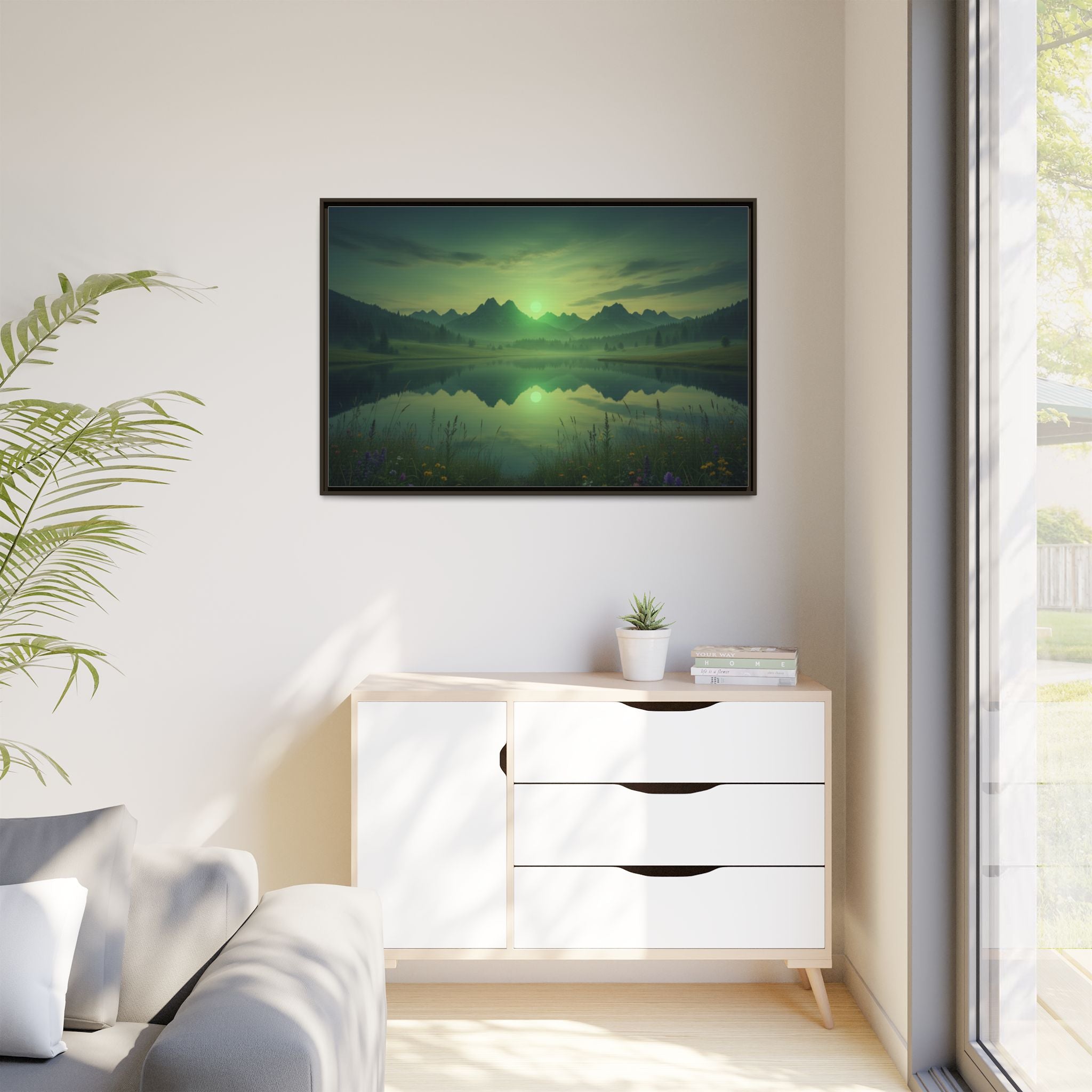 Framed Matte Canvas Print — Serene Green Mountain Lake Landscape