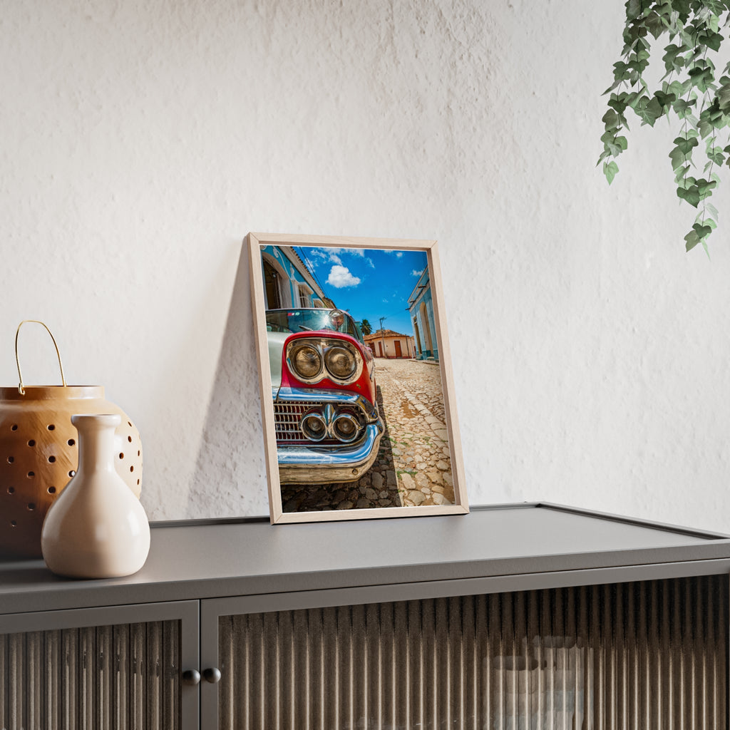 Vintage Classic Car Poster with Wooden Frame — Retro Cuba Street Photography Wall Art