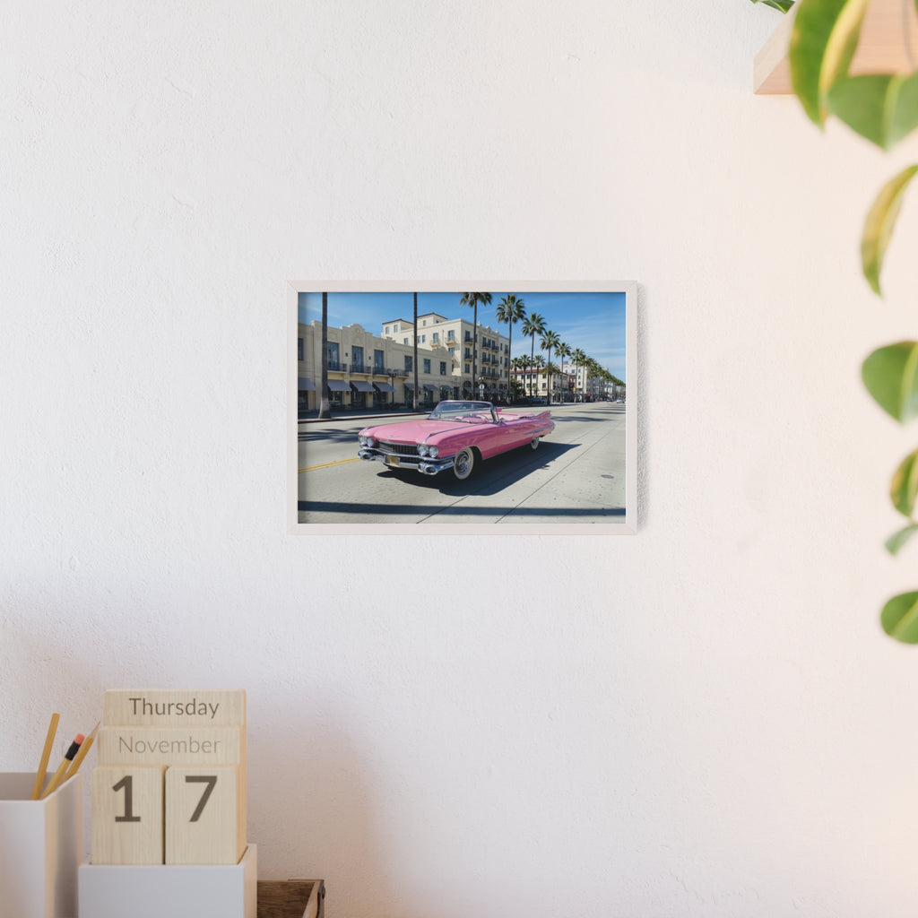 Retro Pink Cadillac Poster with Wooden Frame — Vintage Palm-Drive Wall Art
