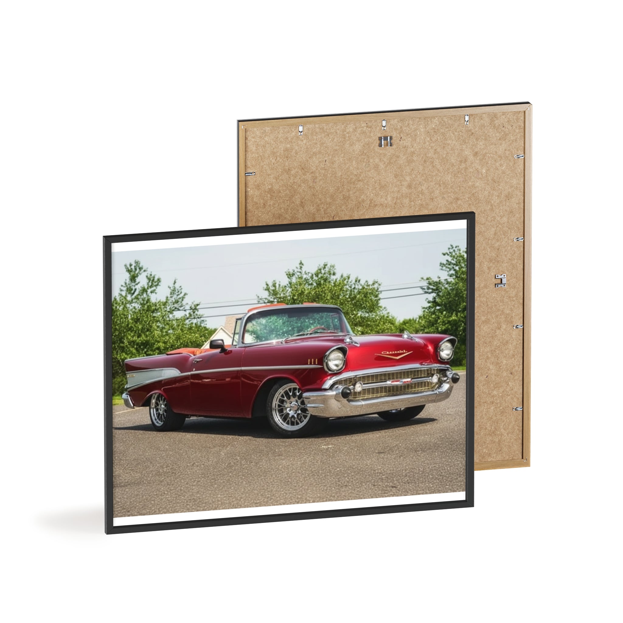 Vintage Red Classic Car Poster with Wooden Frame — Retro Automotive Wall Art
