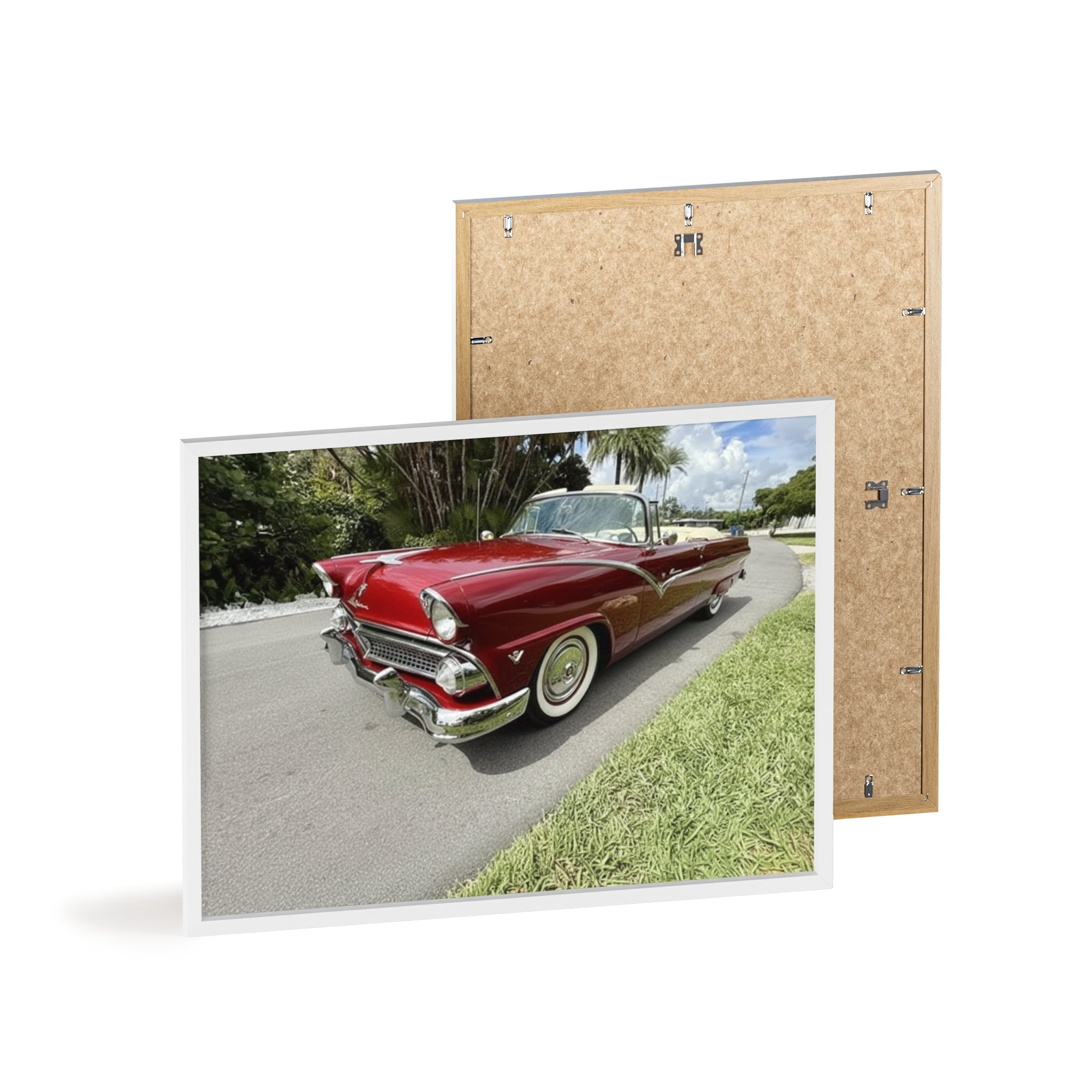 Vintage Red Convertible Poster with Wooden Frame — Classic Car Wall Art