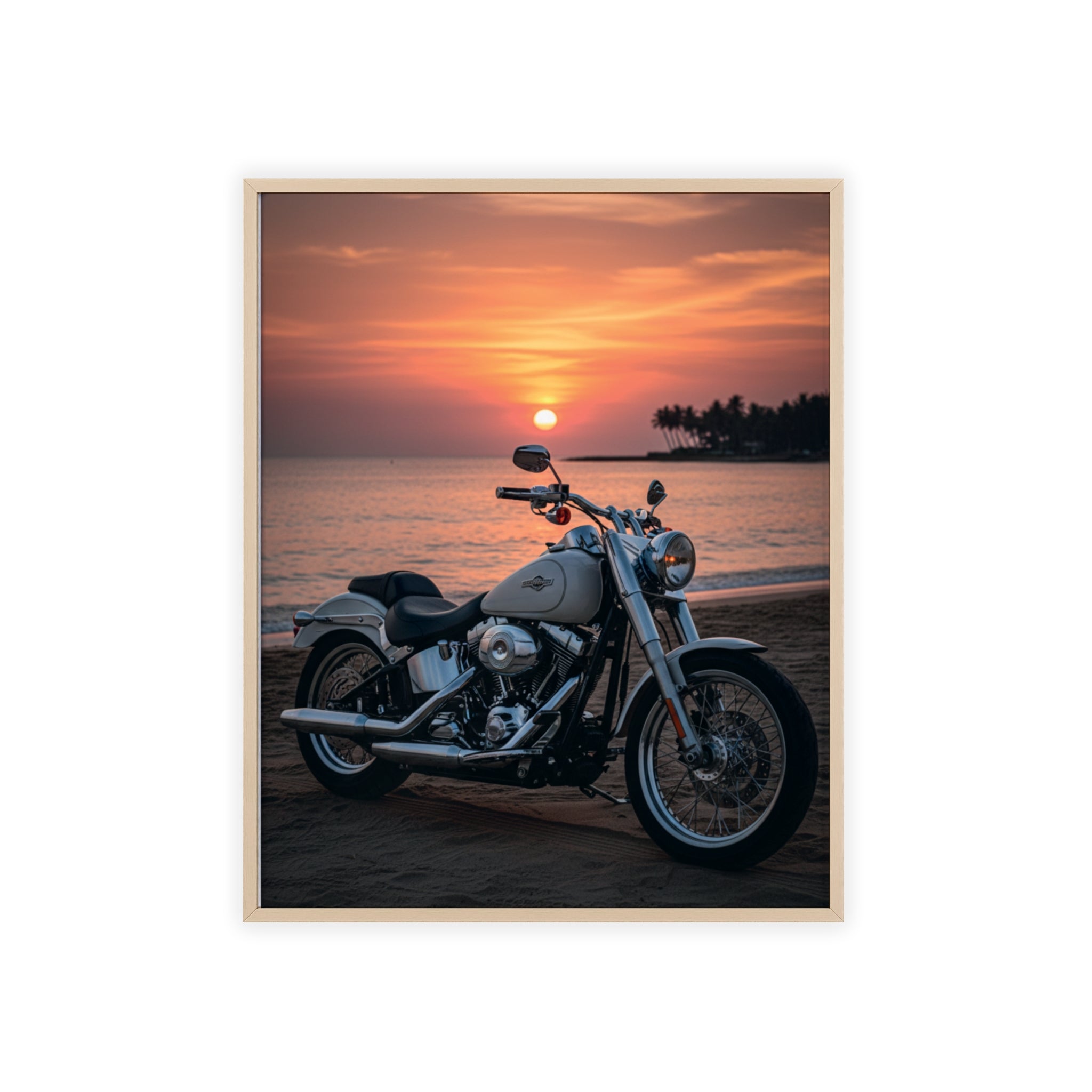 Sunset Beach Motorcycle Poster with Wooden Frame — Vintage Cruiser Wall Art