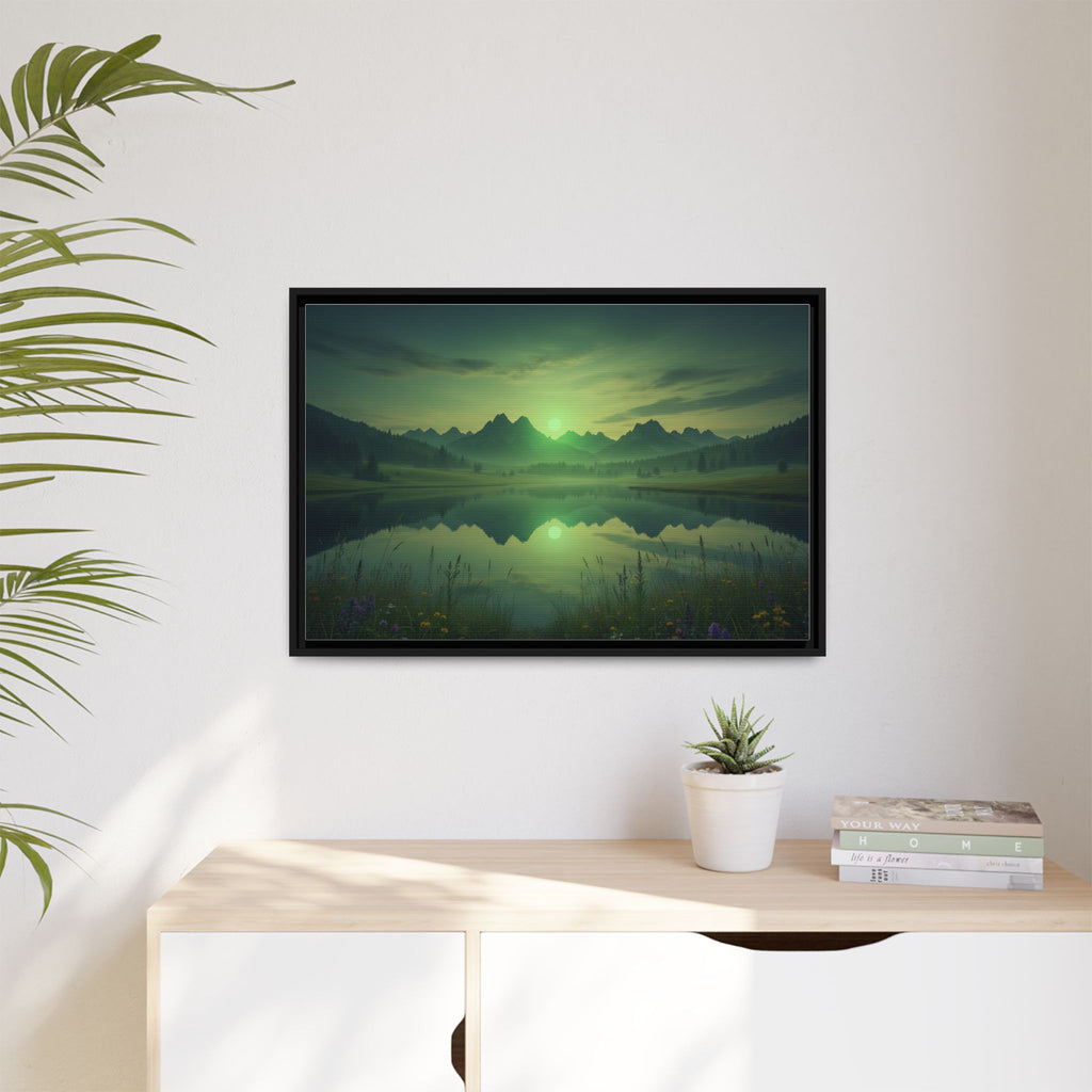 Framed Matte Canvas Print — Serene Green Mountain Lake Landscape