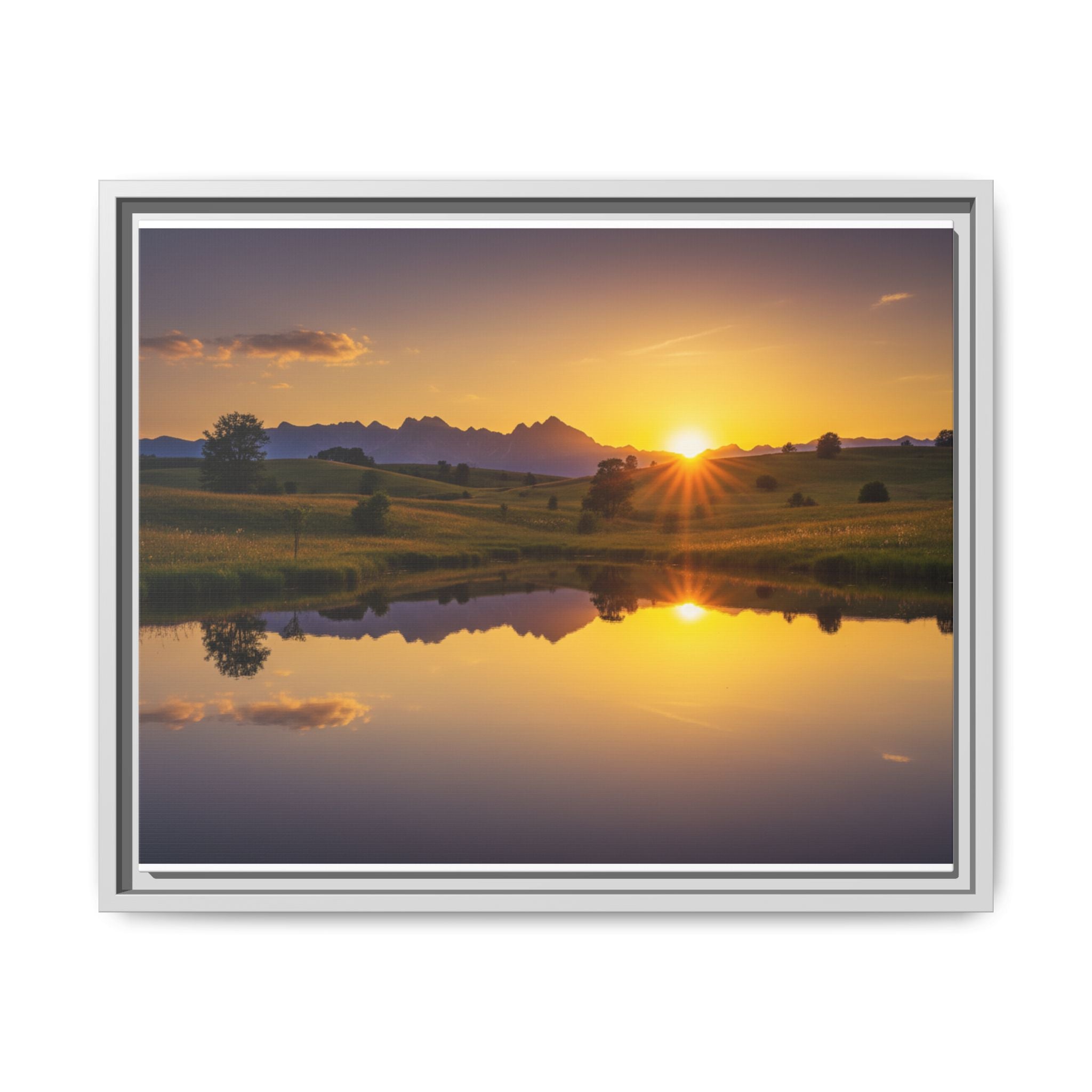 Framed Matte Canvas Sunset Landscape — Serene Lake Reflection Wall Art