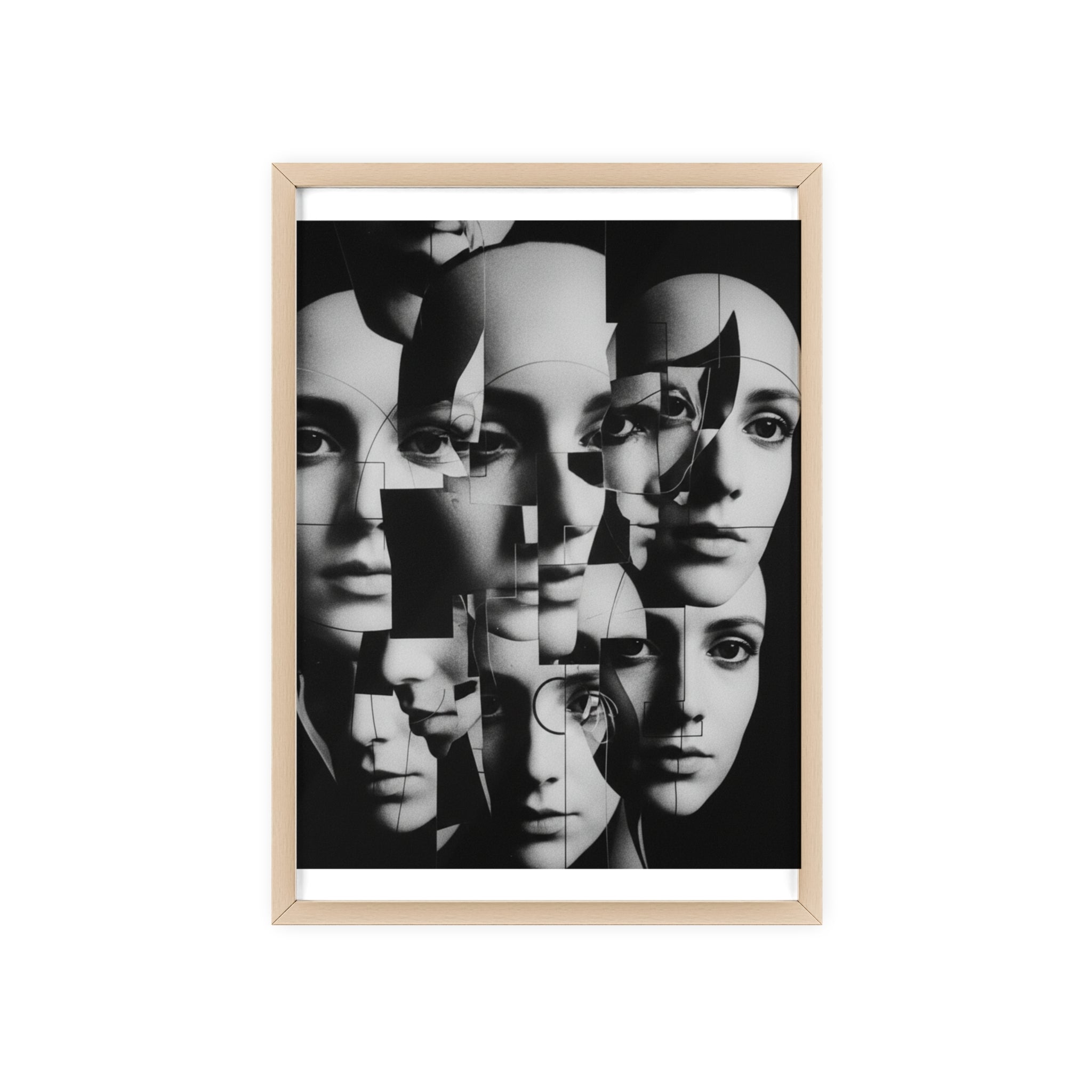 Surreal Multi-Face Black & White Poster — Framed Wooden Art Print