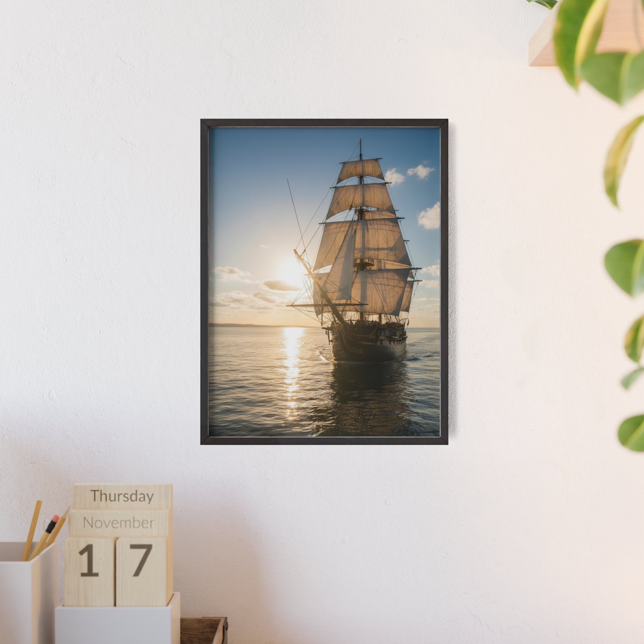 Sailboat Sunset Poster with Wooden Frame — Nautical Wall Art