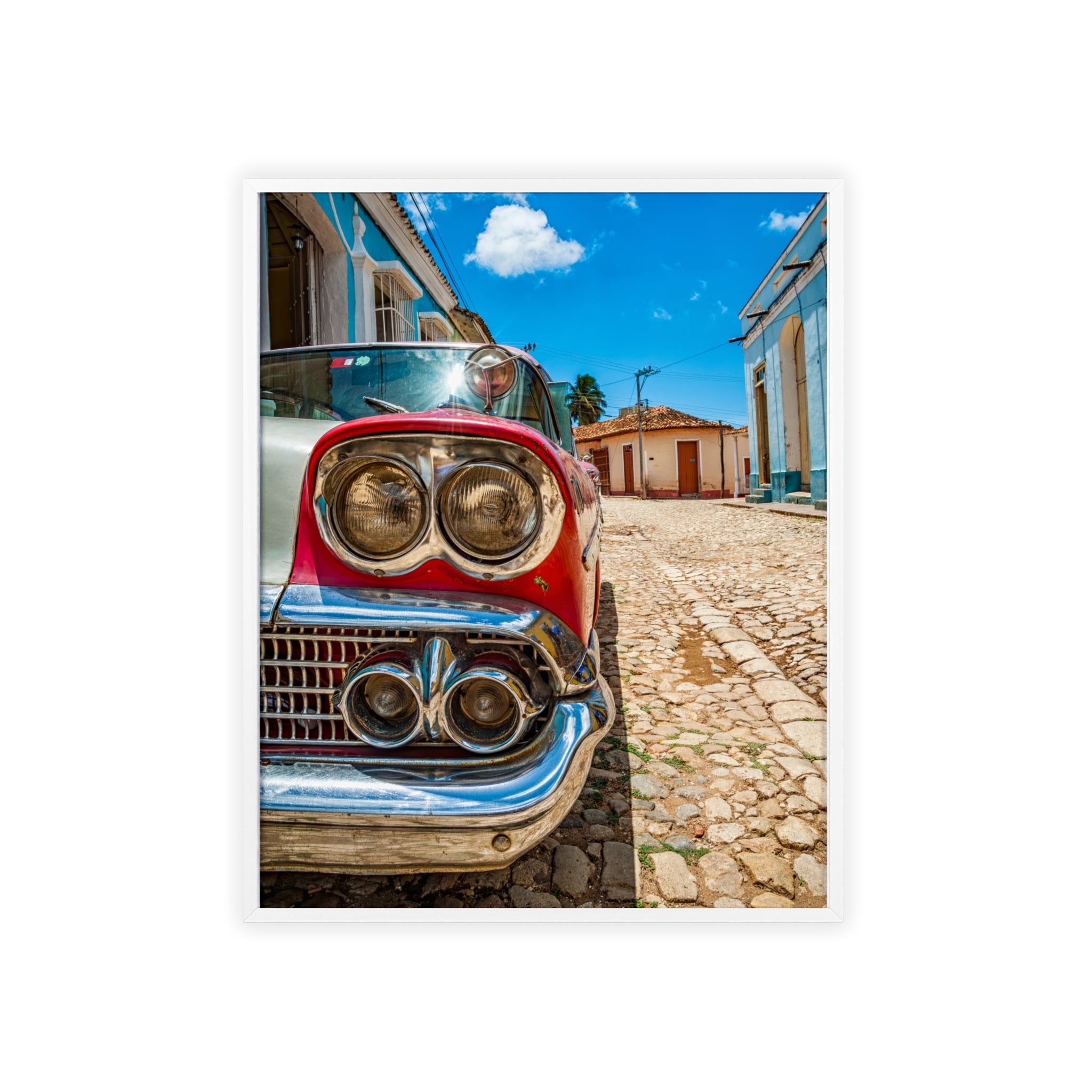 Vintage Classic Car Poster with Wooden Frame — Retro Cuba Street Photography Wall Art