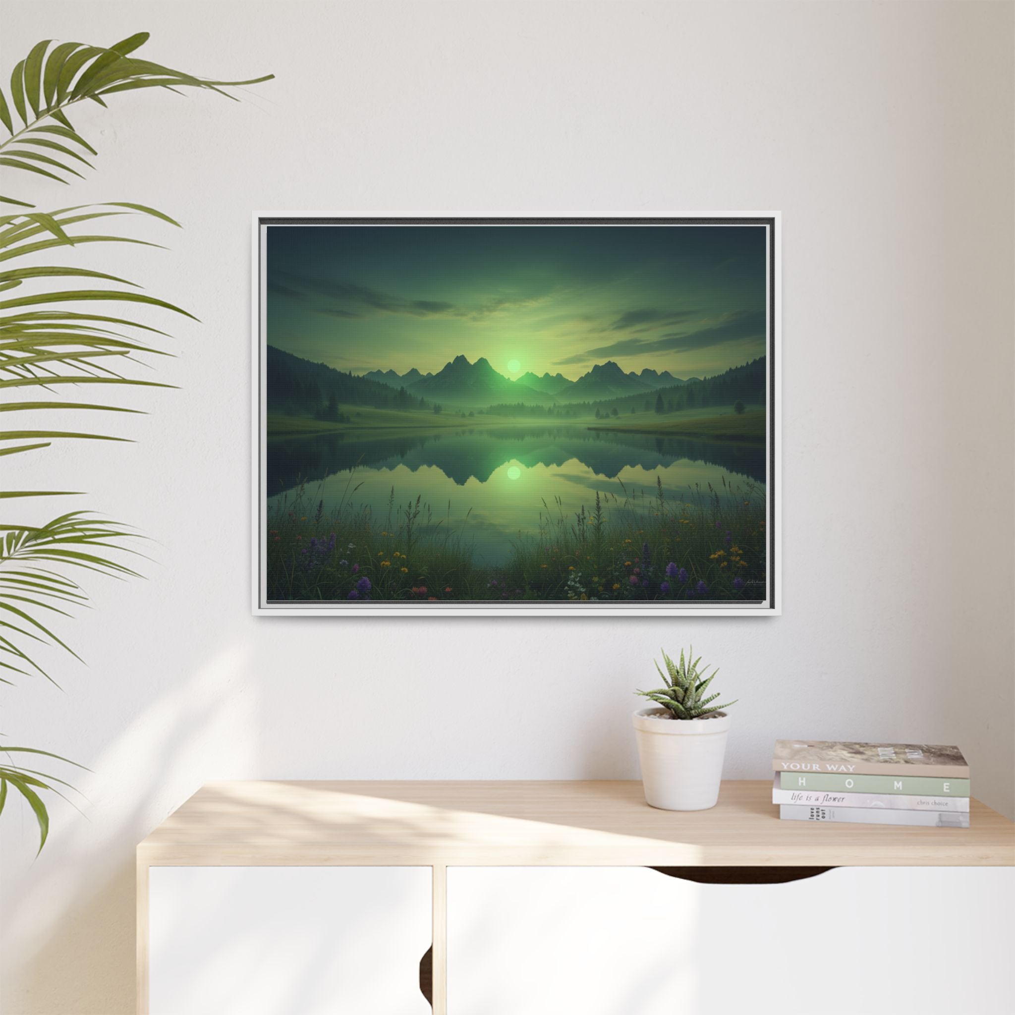 Framed Matte Canvas Print — Serene Green Mountain Lake Landscape