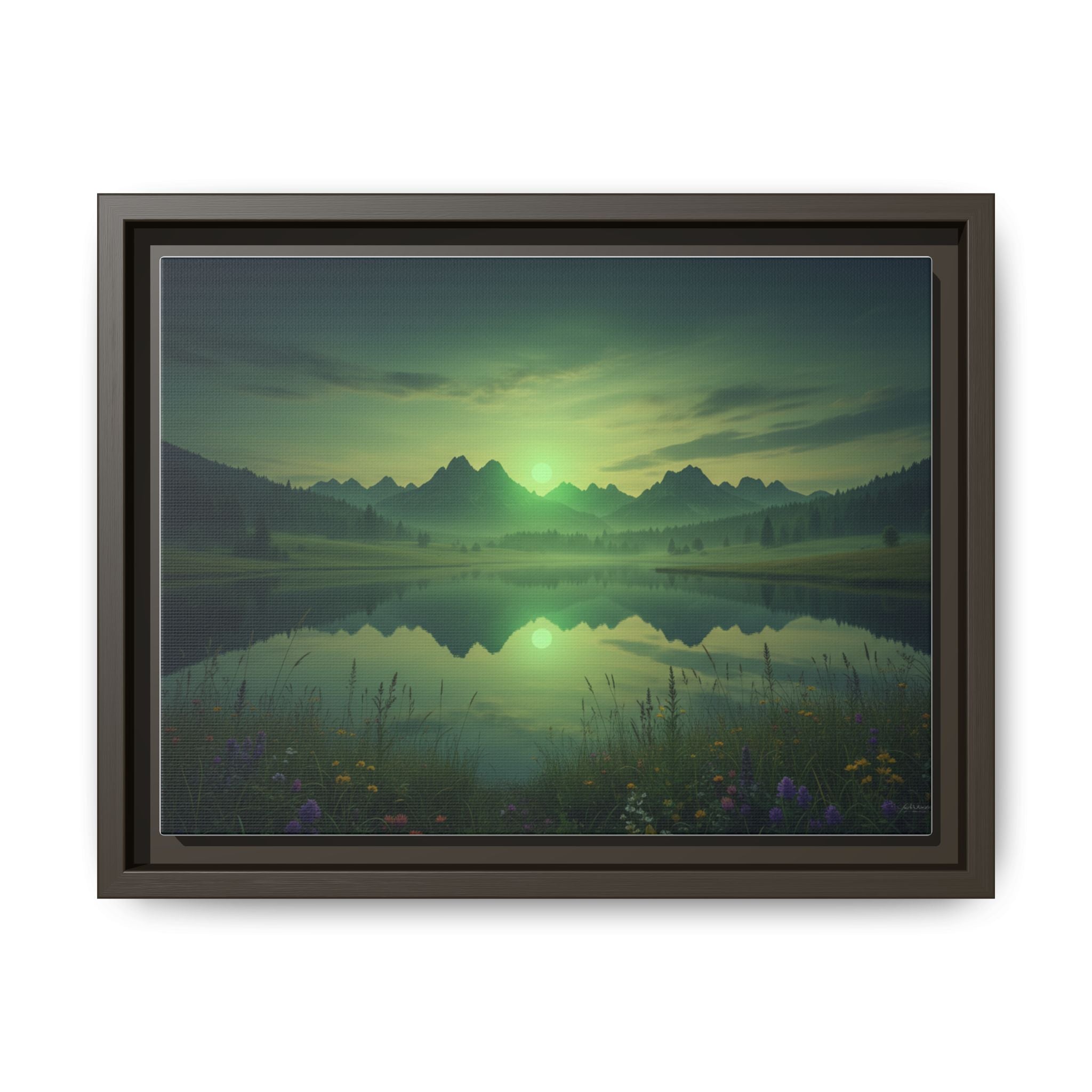 Framed Matte Canvas Print — Serene Green Mountain Lake Landscape
