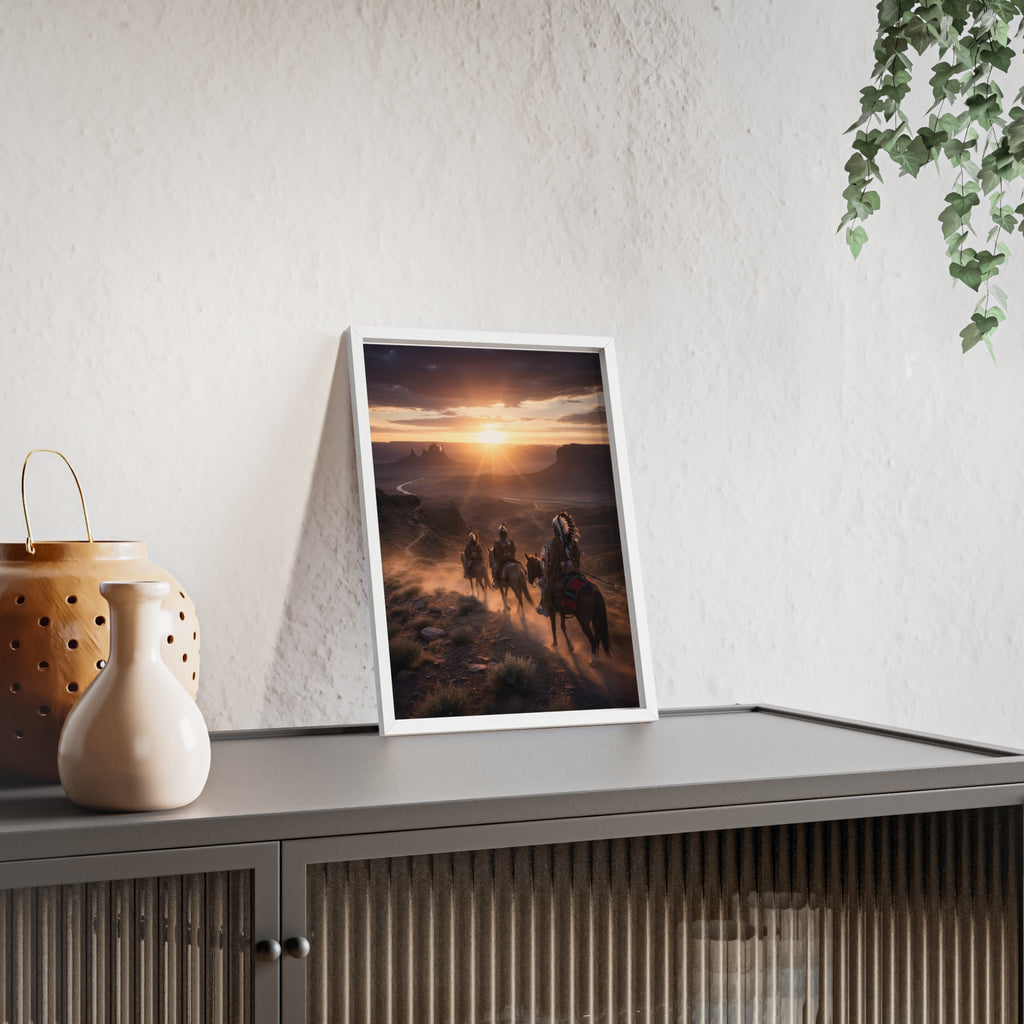 Framed Western Sunset Poster — Native Riders on Horseback Wall Art