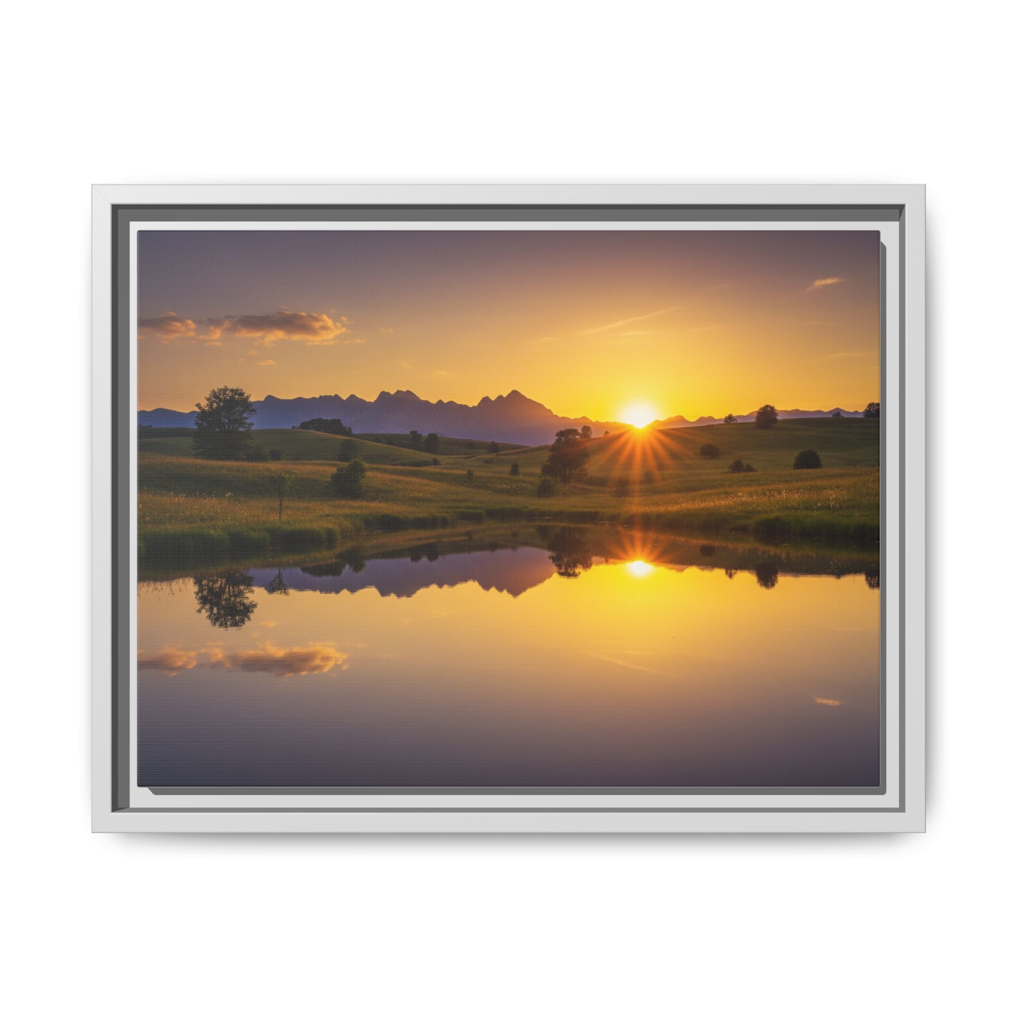 Framed Matte Canvas Sunset Landscape — Serene Lake Reflection Wall Art