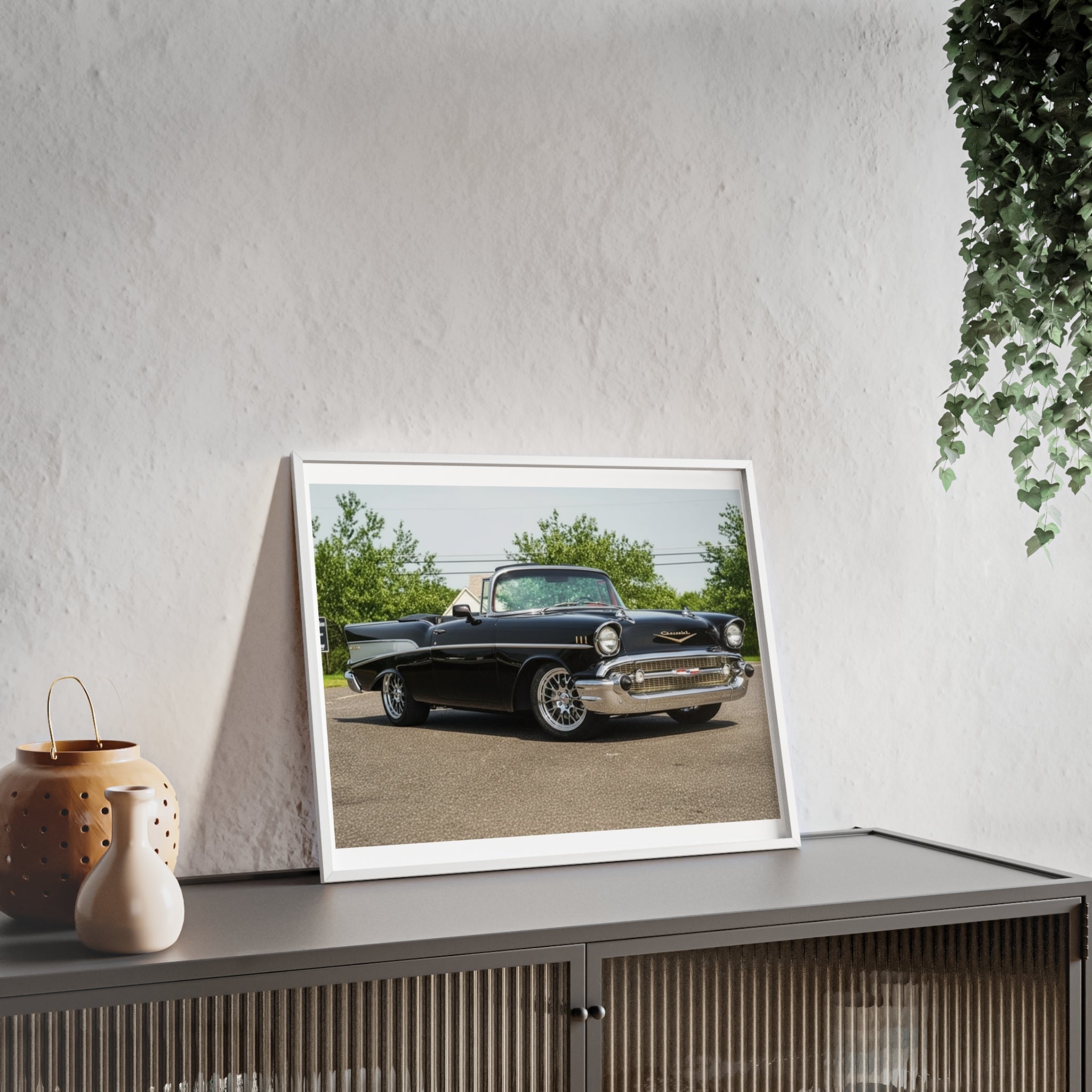 Classic Black 1957 Chevy Poster with Wooden Frame — Vintage Car Wall Art