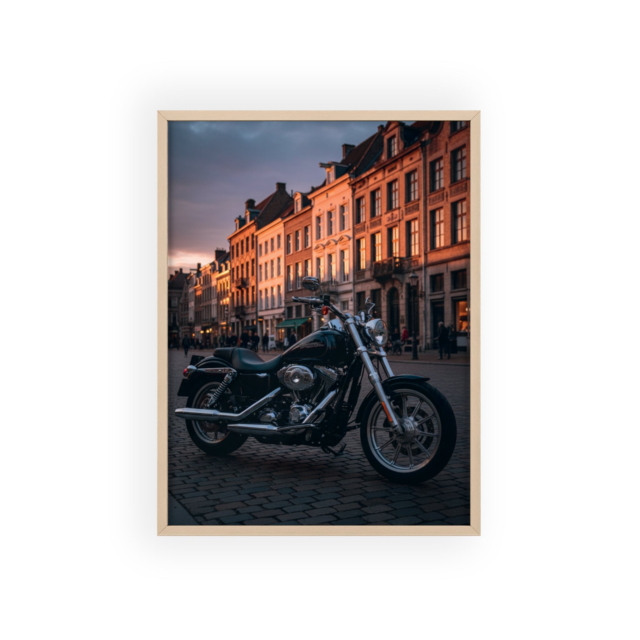 Vintage Motorcycle Poster with Wooden Frame — Urban Sunset Bike Wall Art