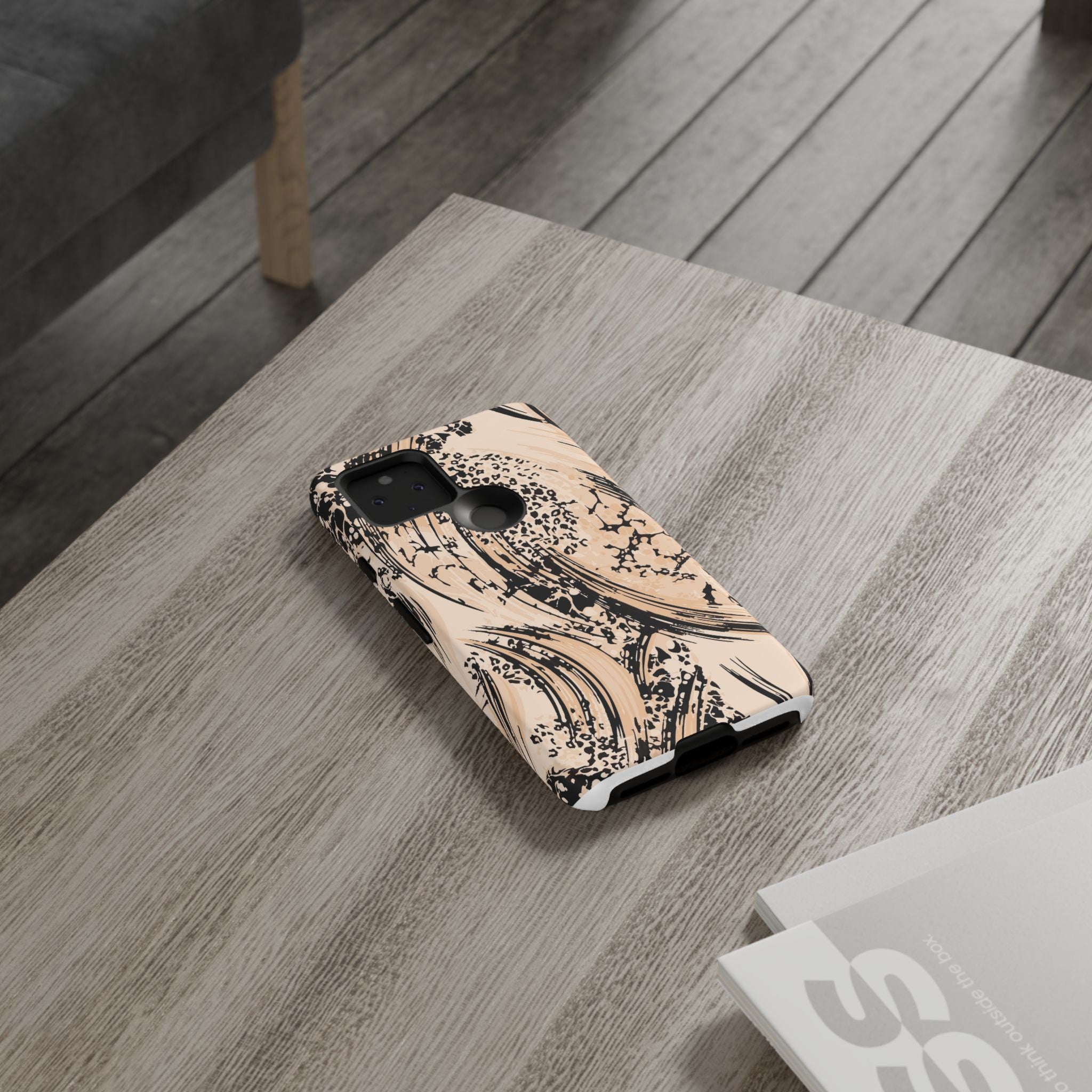 Abstract Brushstroke Phone Case — Neutral Beige & Black Artistic Protective Cover