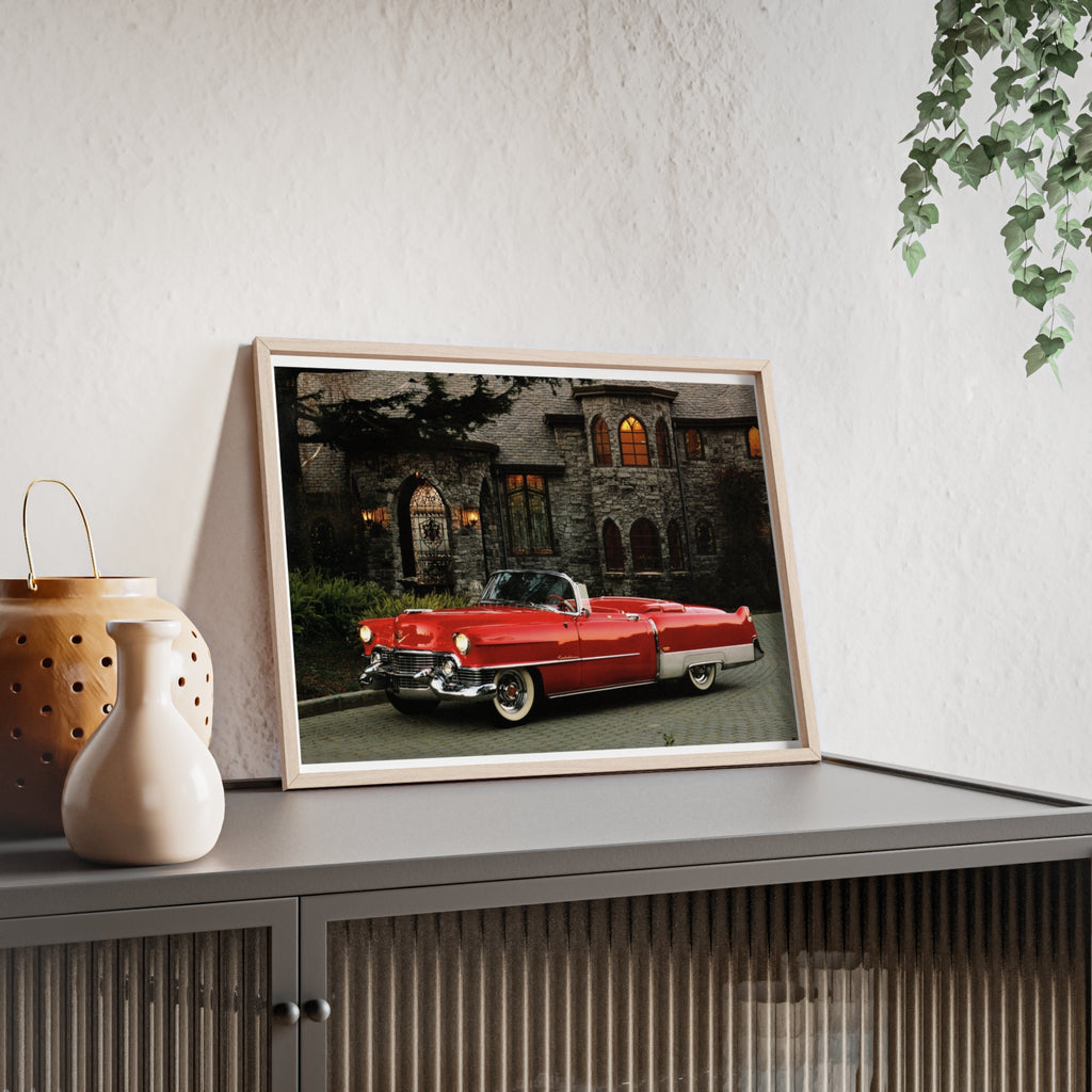 Vintage Red Convertible Poster with Wooden Frame — Classic Car Wall Art