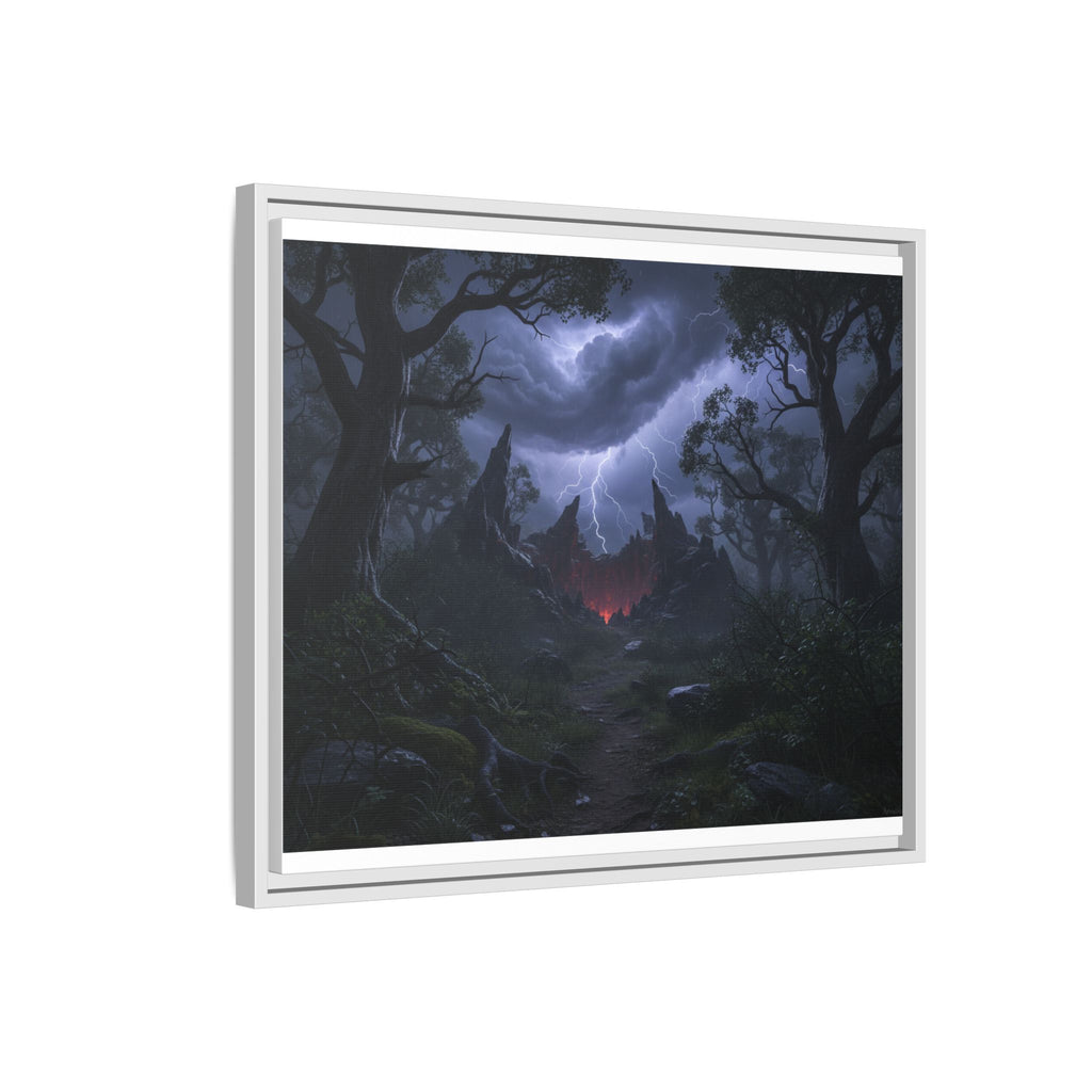 Dark Storm Forest Framed Canvas Print — Lightning, Haunted Castle Art