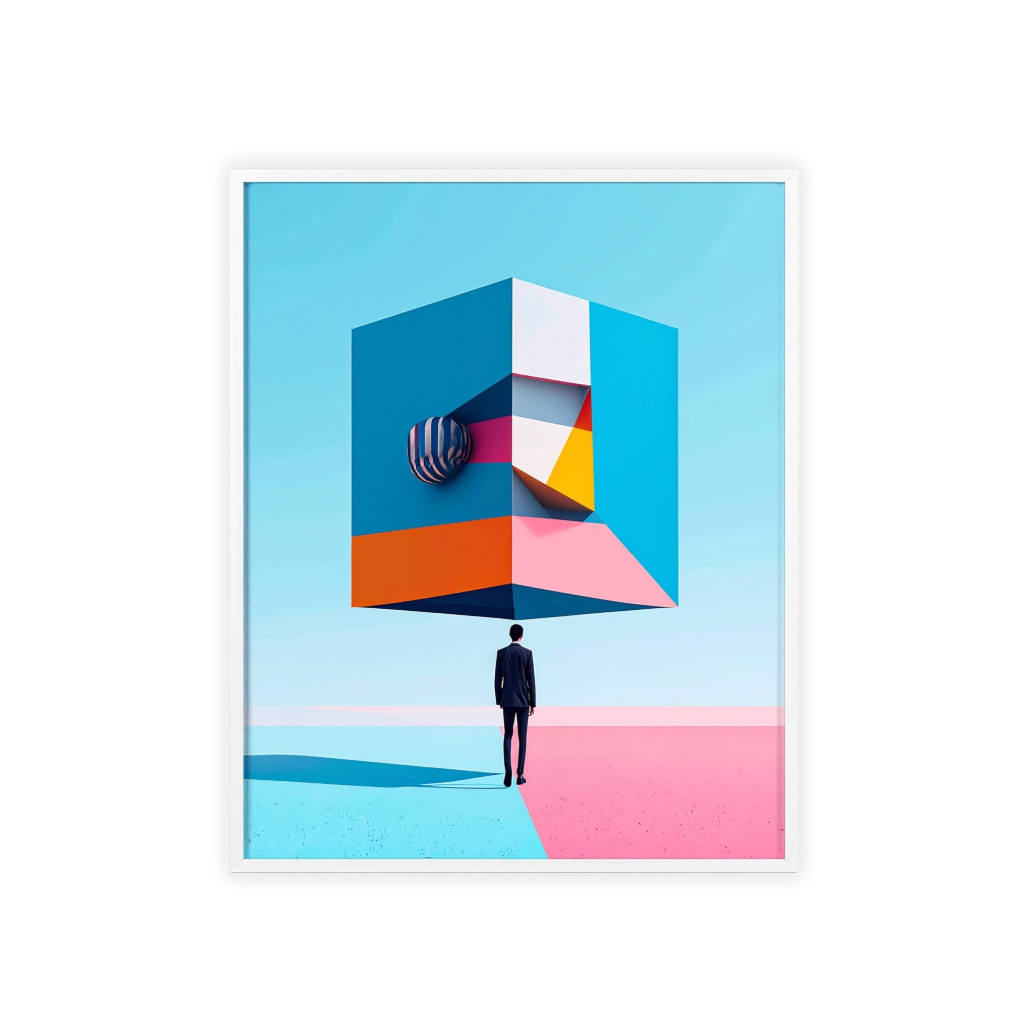 Surreal Geometric Art Poster with Wooden Frame — Modern Minimal Wall Decor
