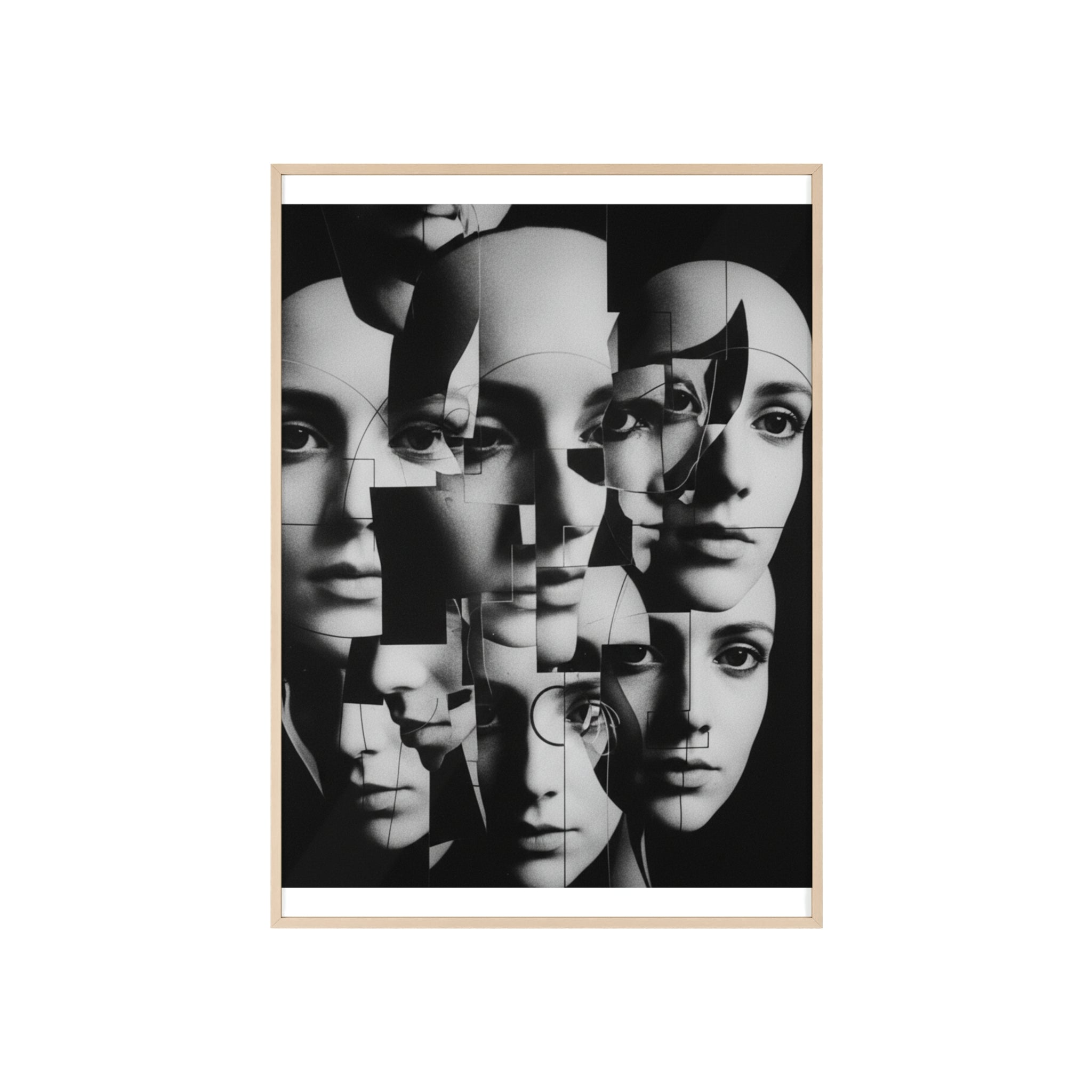 Surreal Multi-Face Black & White Poster — Framed Wooden Art Print