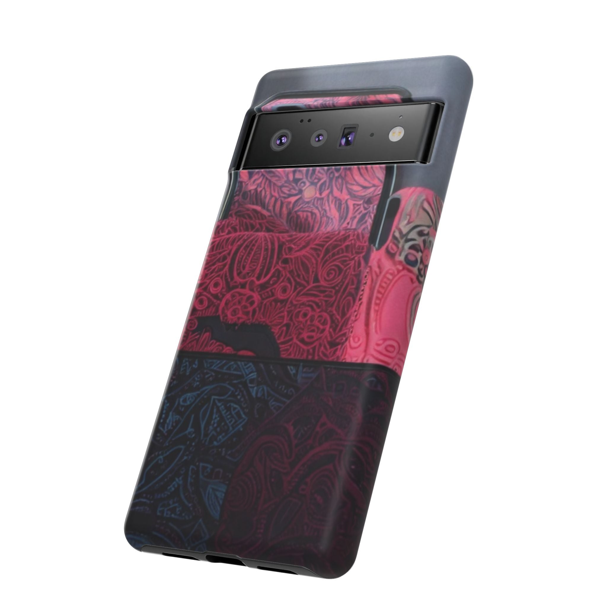 Floral Patchwork Tough Phone Case — Pink & Navy Doodle Design