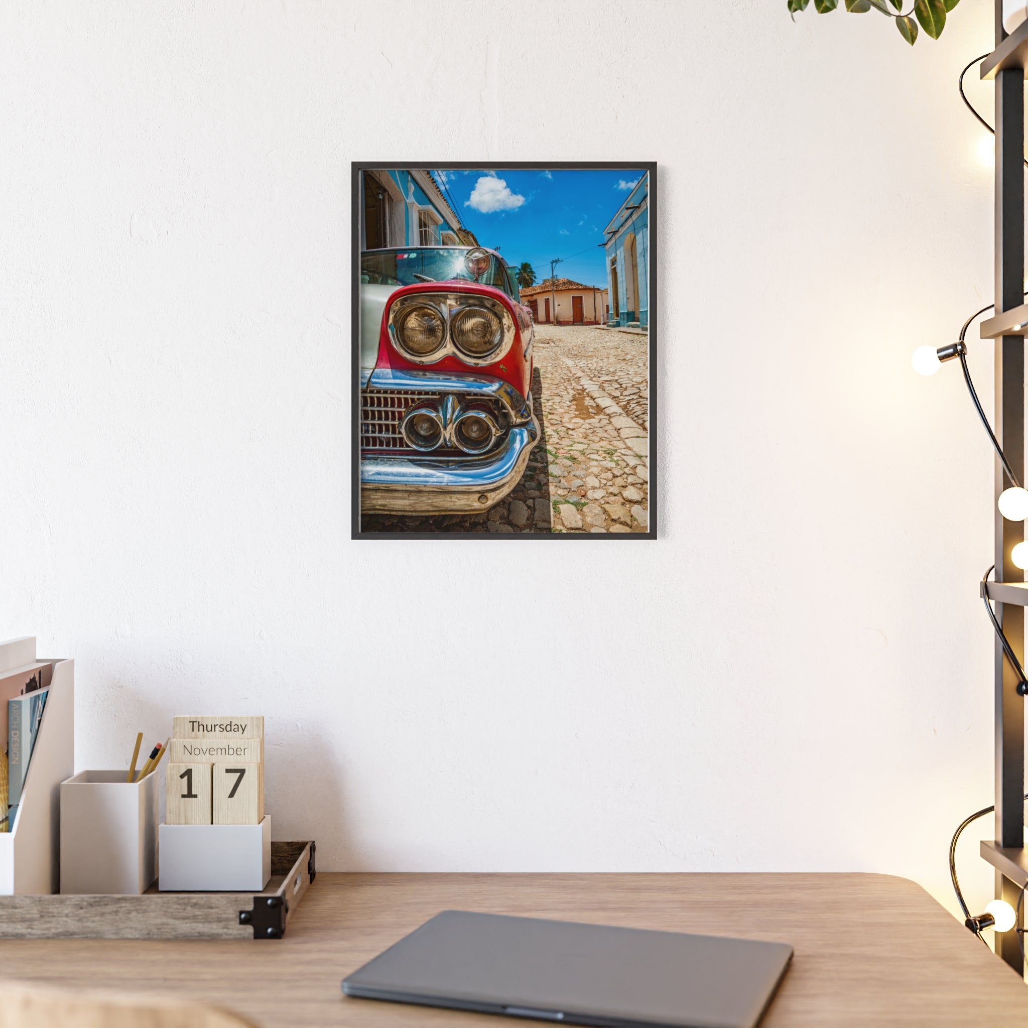 Vintage Classic Car Poster with Wooden Frame — Retro Cuba Street Photography Wall Art