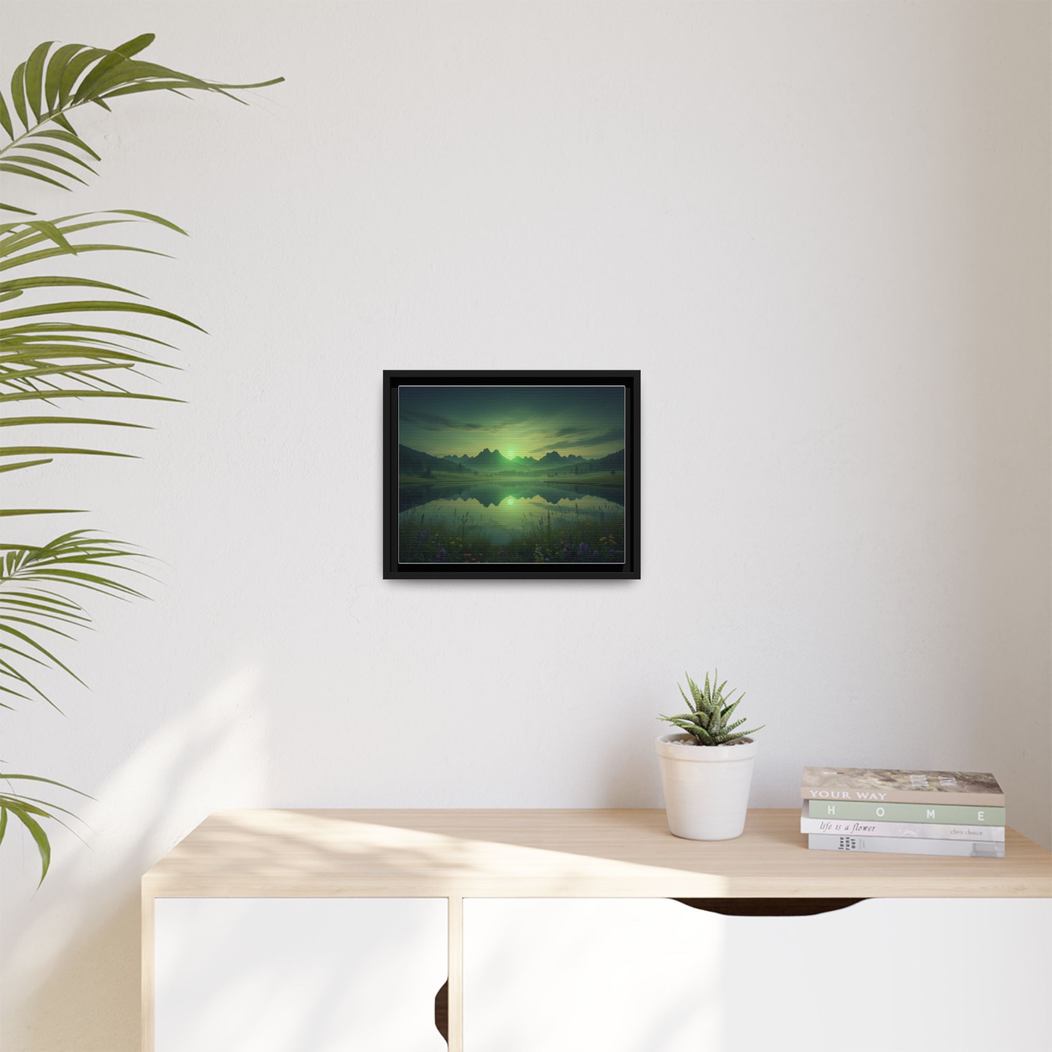 Framed Matte Canvas Print — Serene Green Mountain Lake Landscape