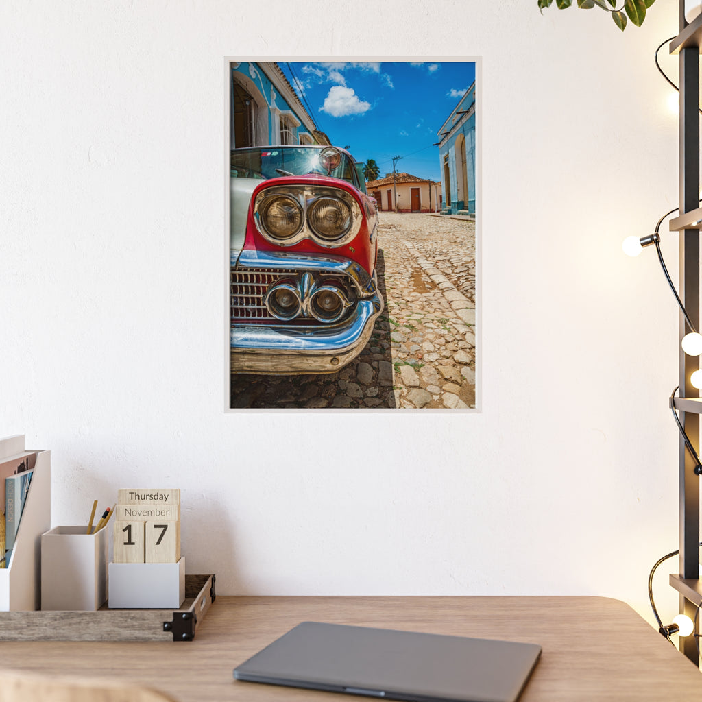 Vintage Classic Car Poster with Wooden Frame — Retro Cuba Street Photography Wall Art
