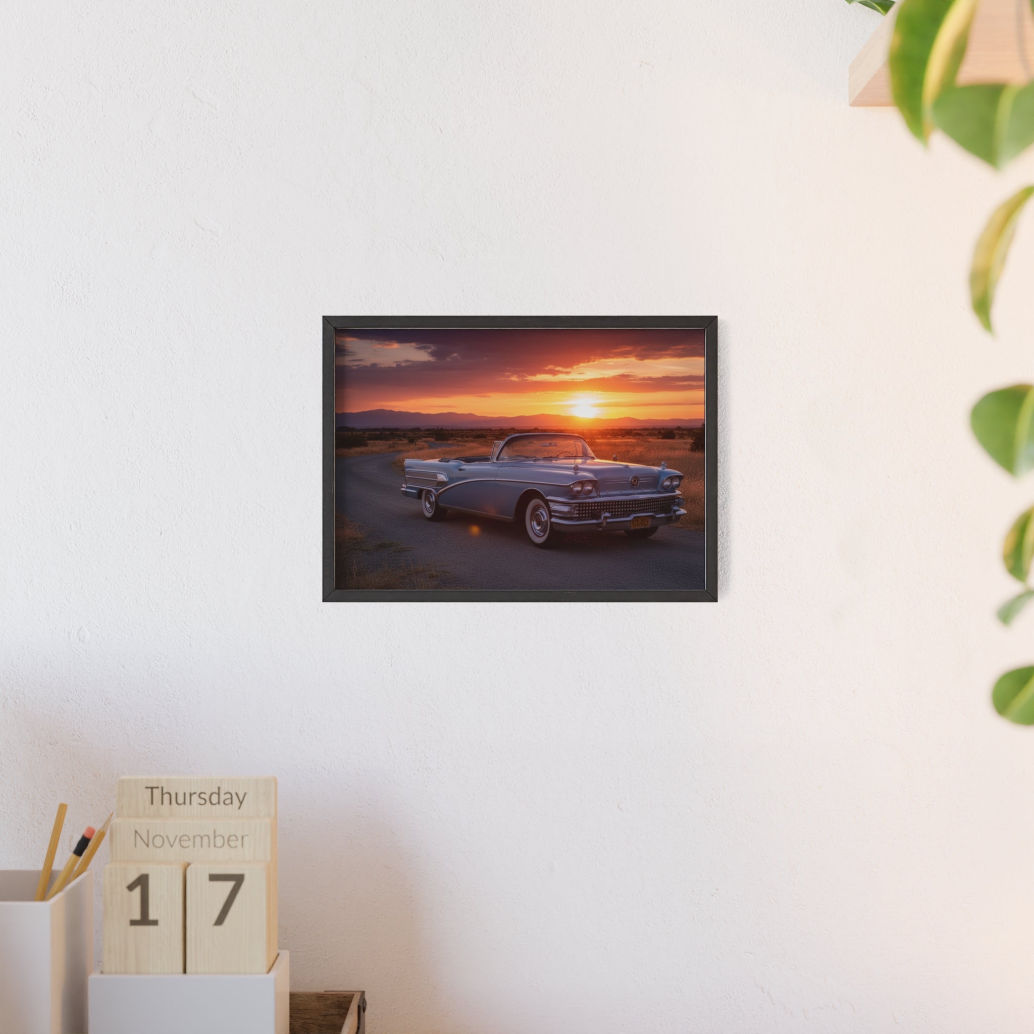Vintage Convertible Sunset Poster with Wooden Frame